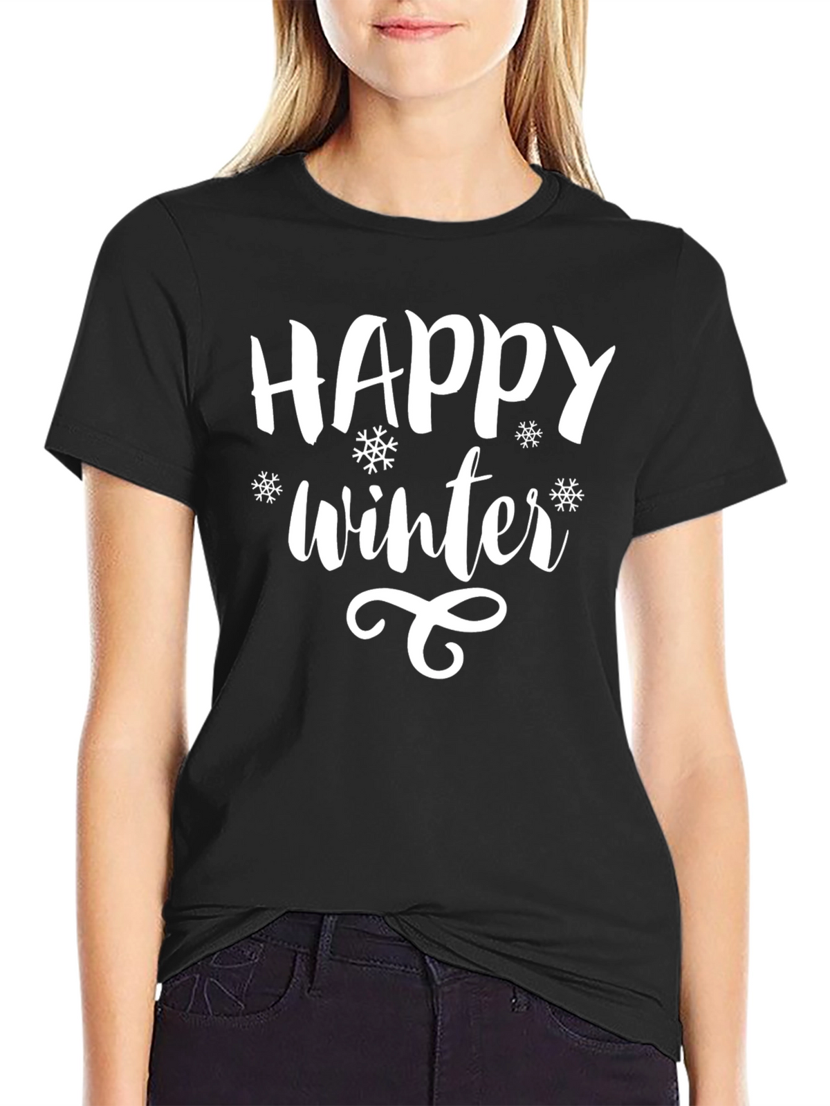 Happy Winter Graphic Print Black T-Shirt