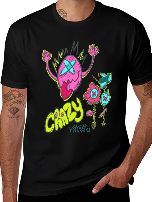 Crazy Cartoon Graphic Tee - Black Cotton Blend