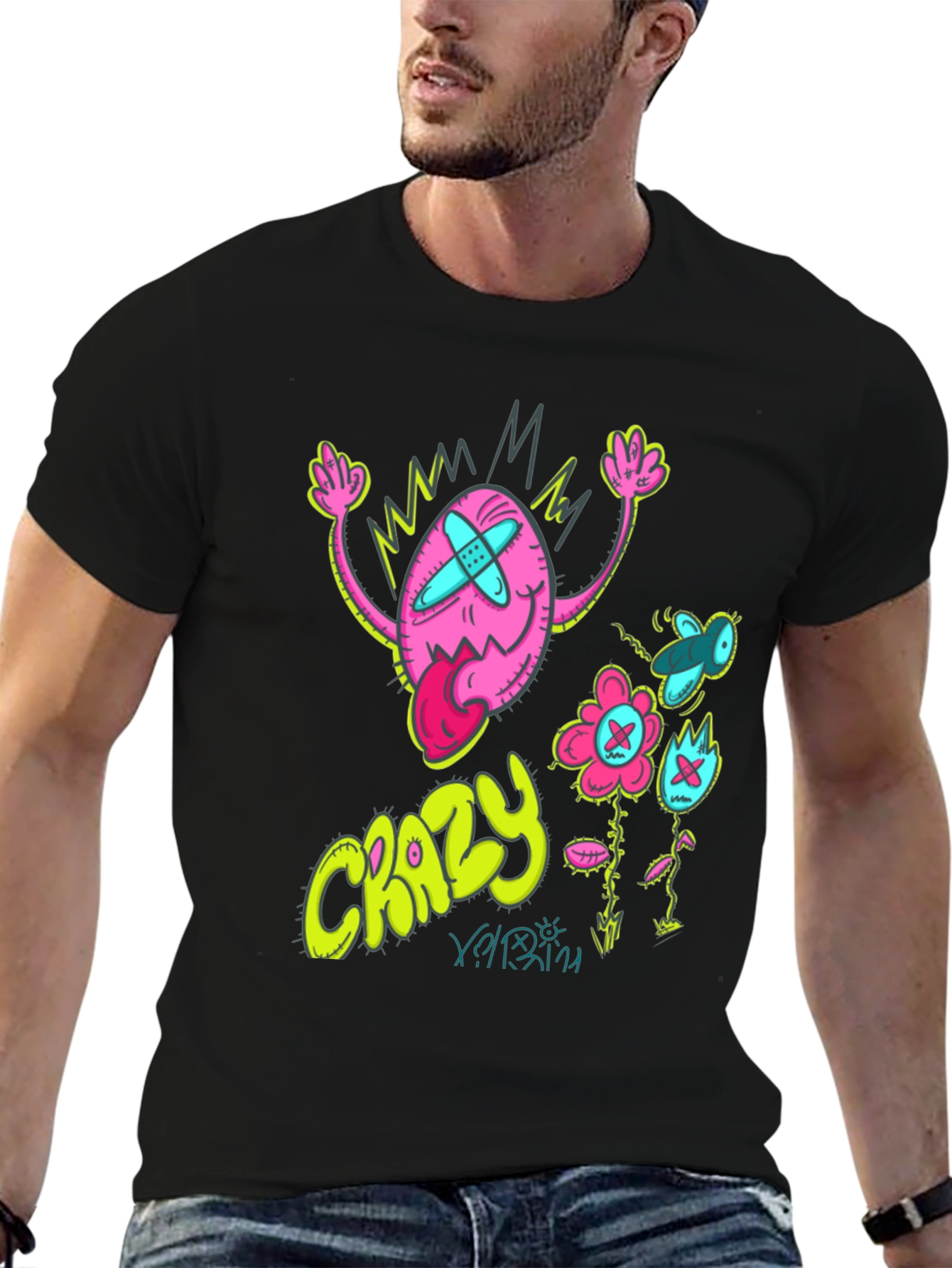 Crazy Cartoon Graphic Tee - Black Cotton Blend
