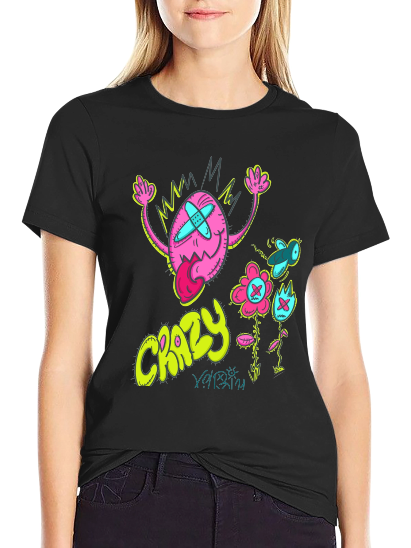 Crazy Cartoon Graphic Tee - Black Cotton Blend