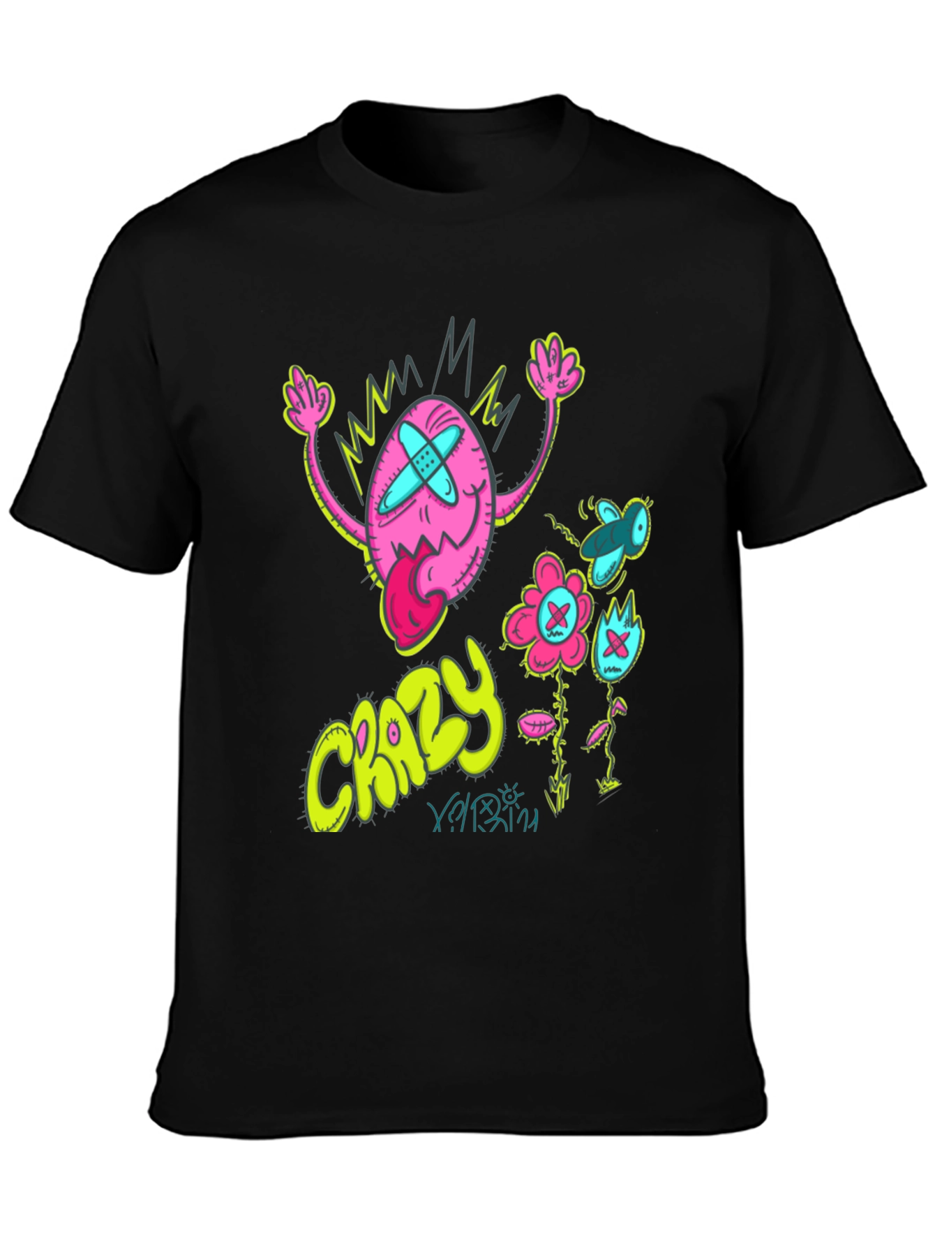 Crazy Cartoon Graphic Tee - Black Cotton Blend