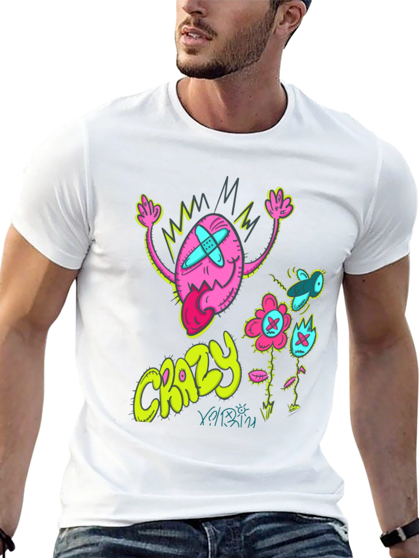 Crazy Cartoon Graphic Tee - Black Cotton Blend