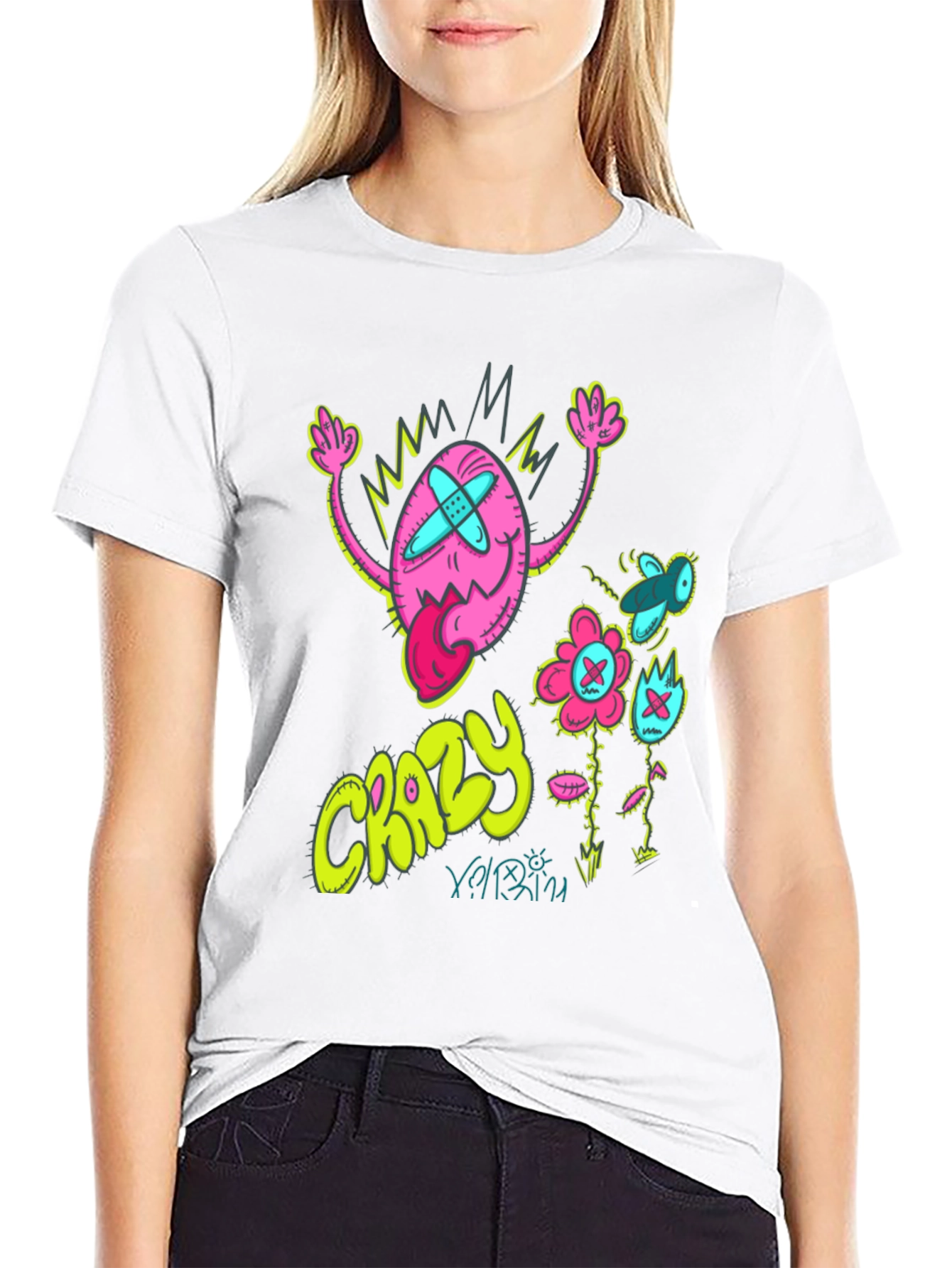 Crazy Cartoon Graphic Tee - Black Cotton Blend