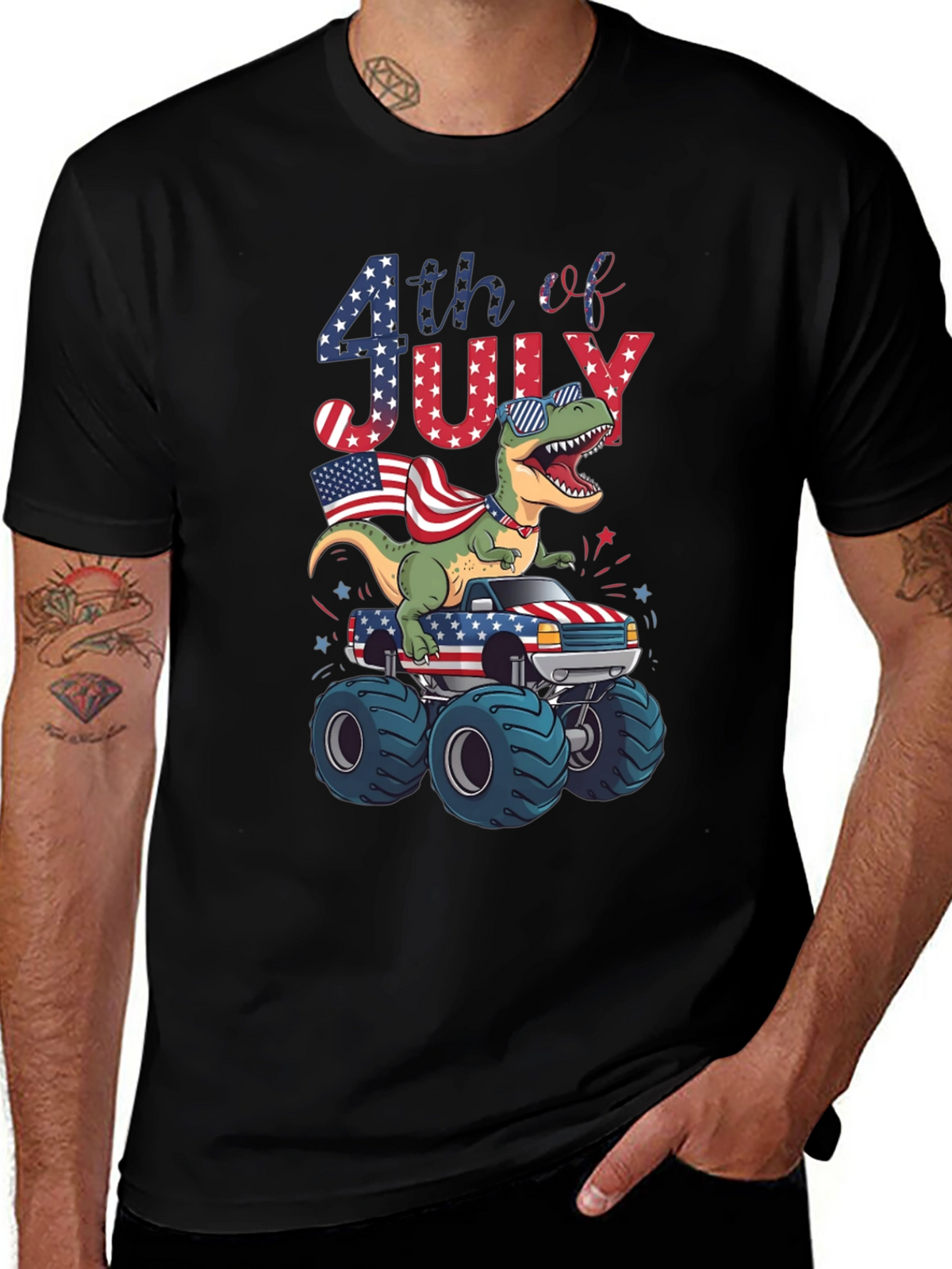 Patriotic Dinosaur Monster Truck 4th of July T-Shirt