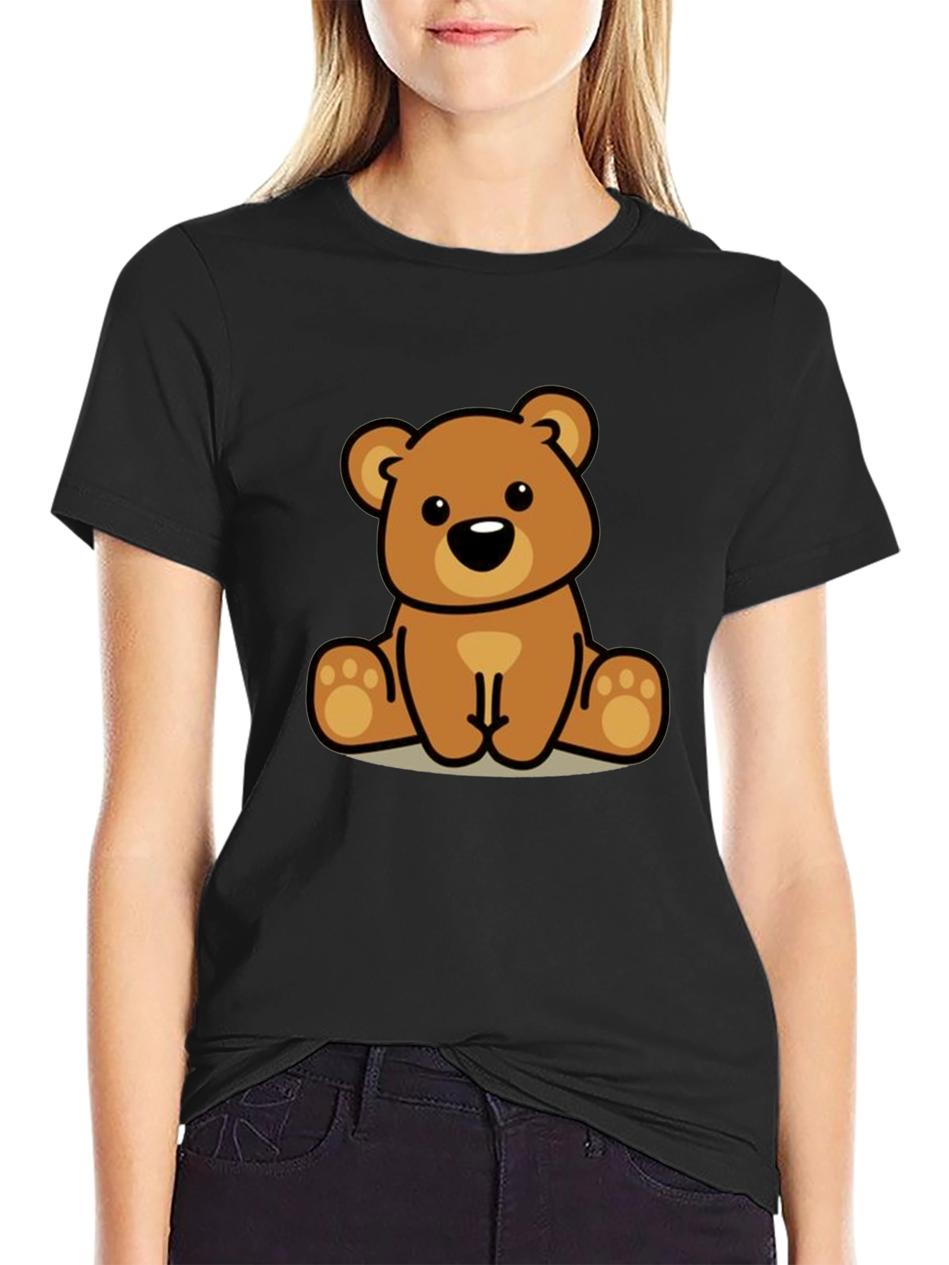 Cute Cartoon Bear Graphic Black T-Shirt