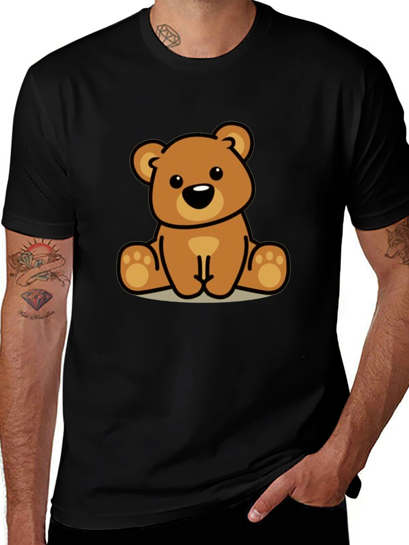 Cute Cartoon Bear Graphic Black T-Shirt