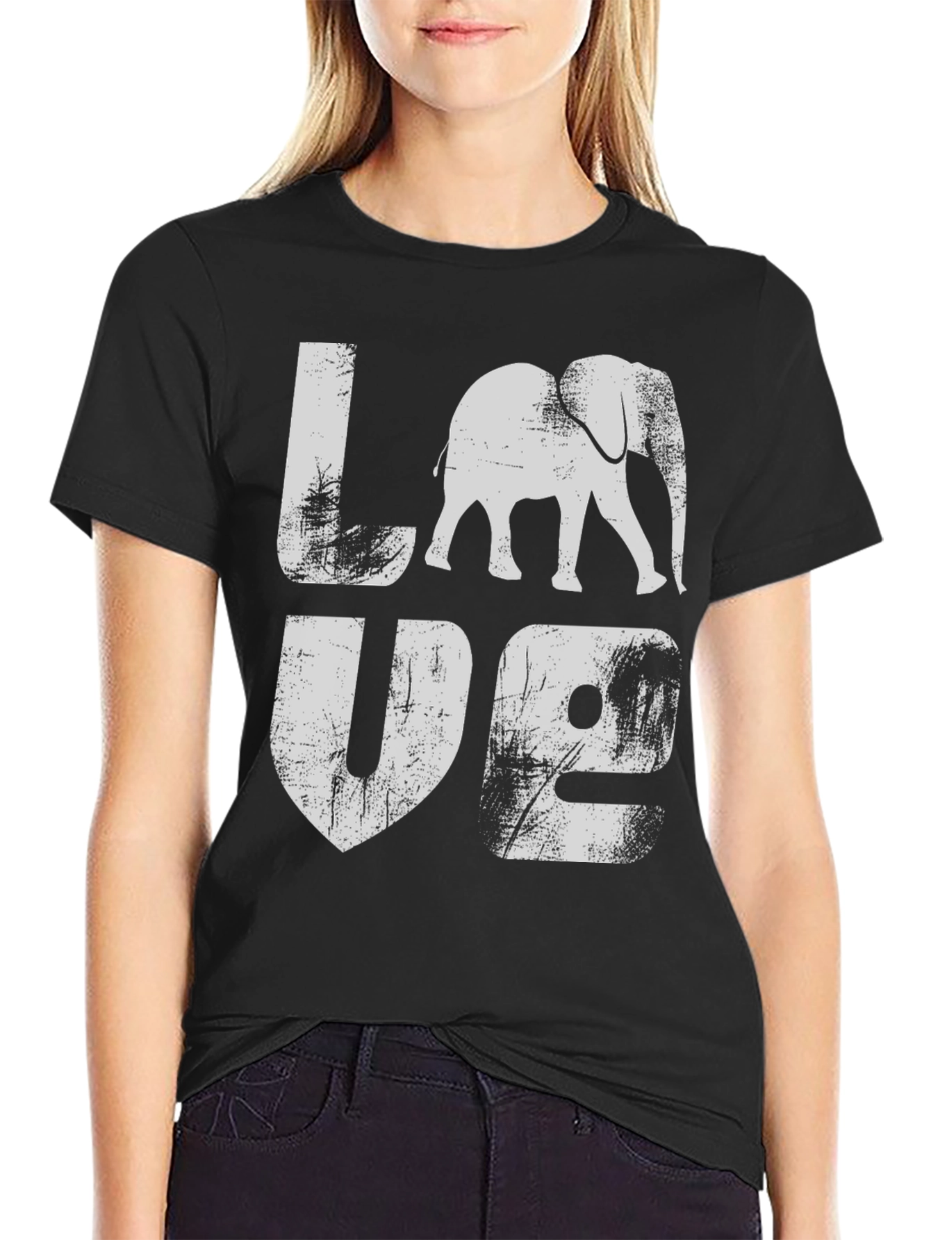 Elephant LOVE Graphic Print Black T-Shirt