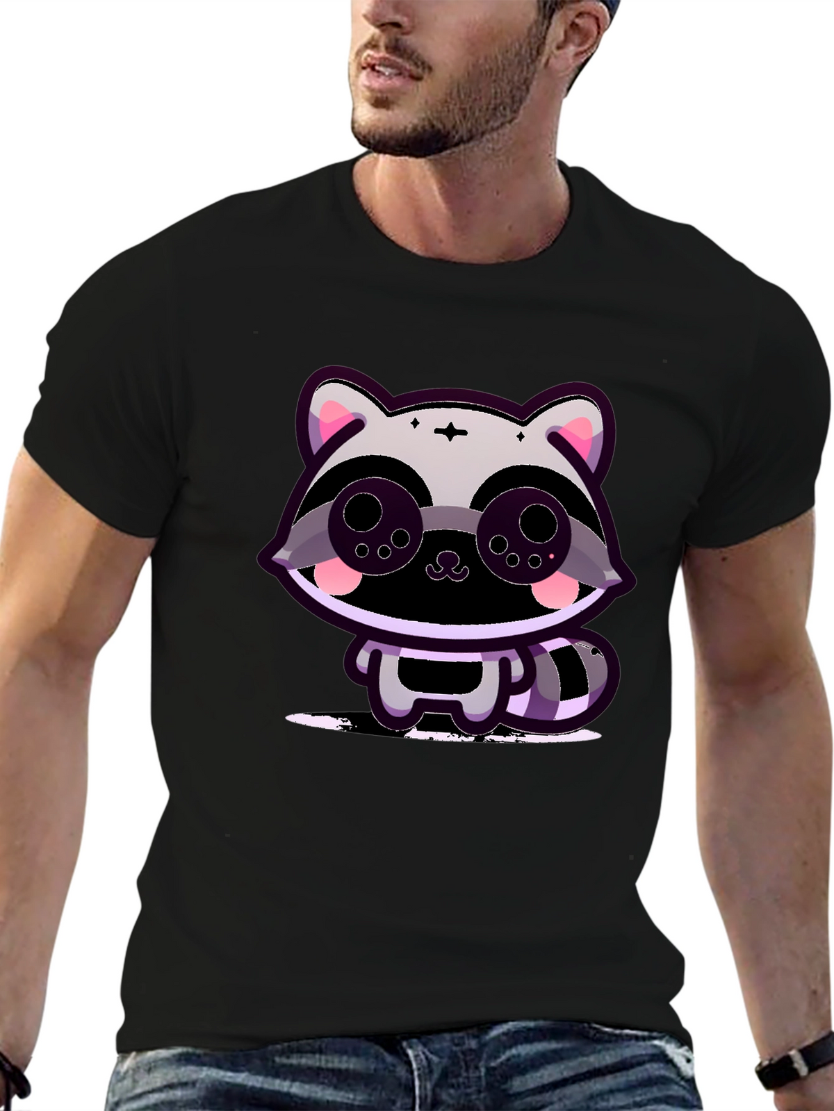 Cute Raccoon Graphic Tee - Black Cotton T-Shirt
