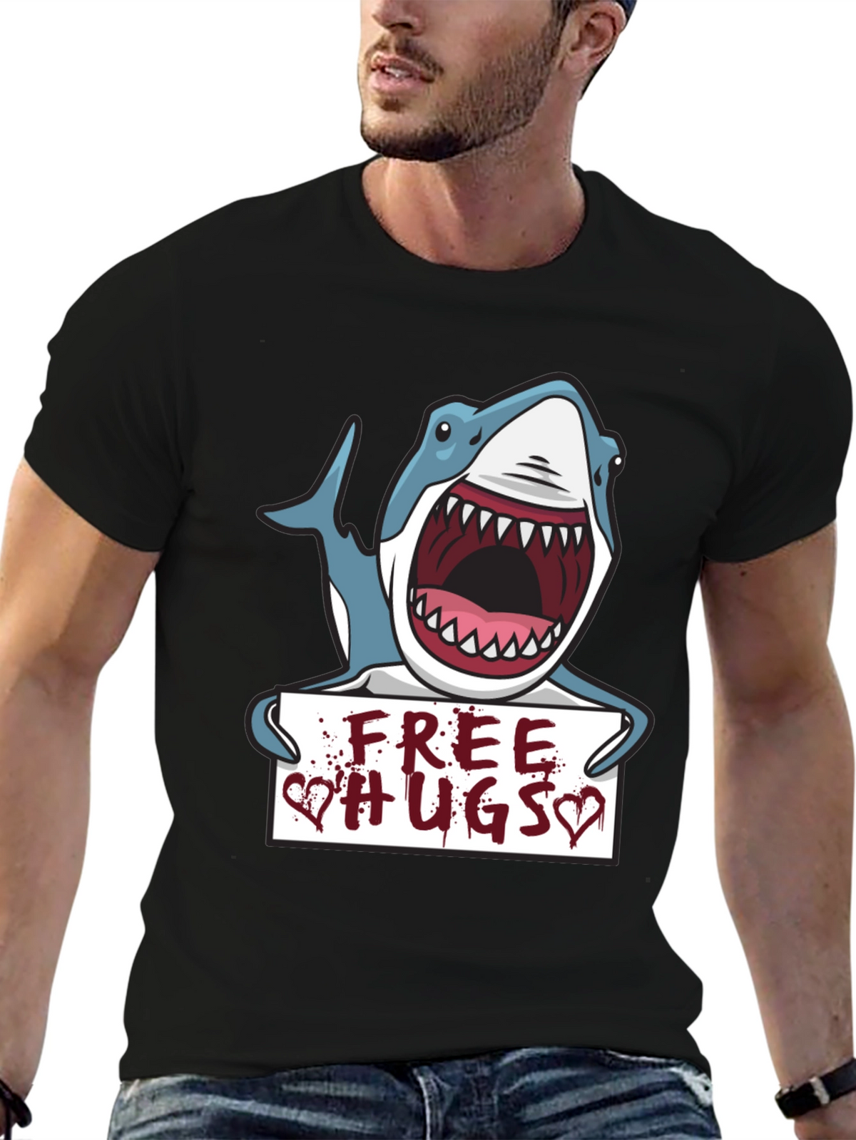 Free Hugs Shark Graphic Tee - Black