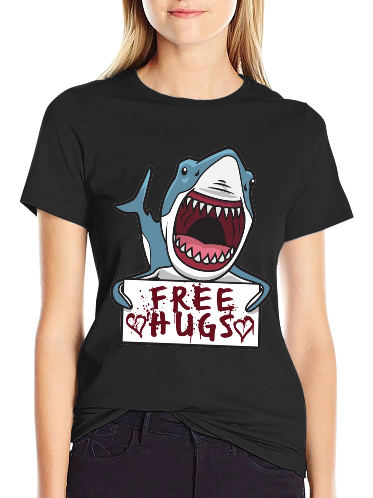 Free Hugs Shark Graphic Tee - Black