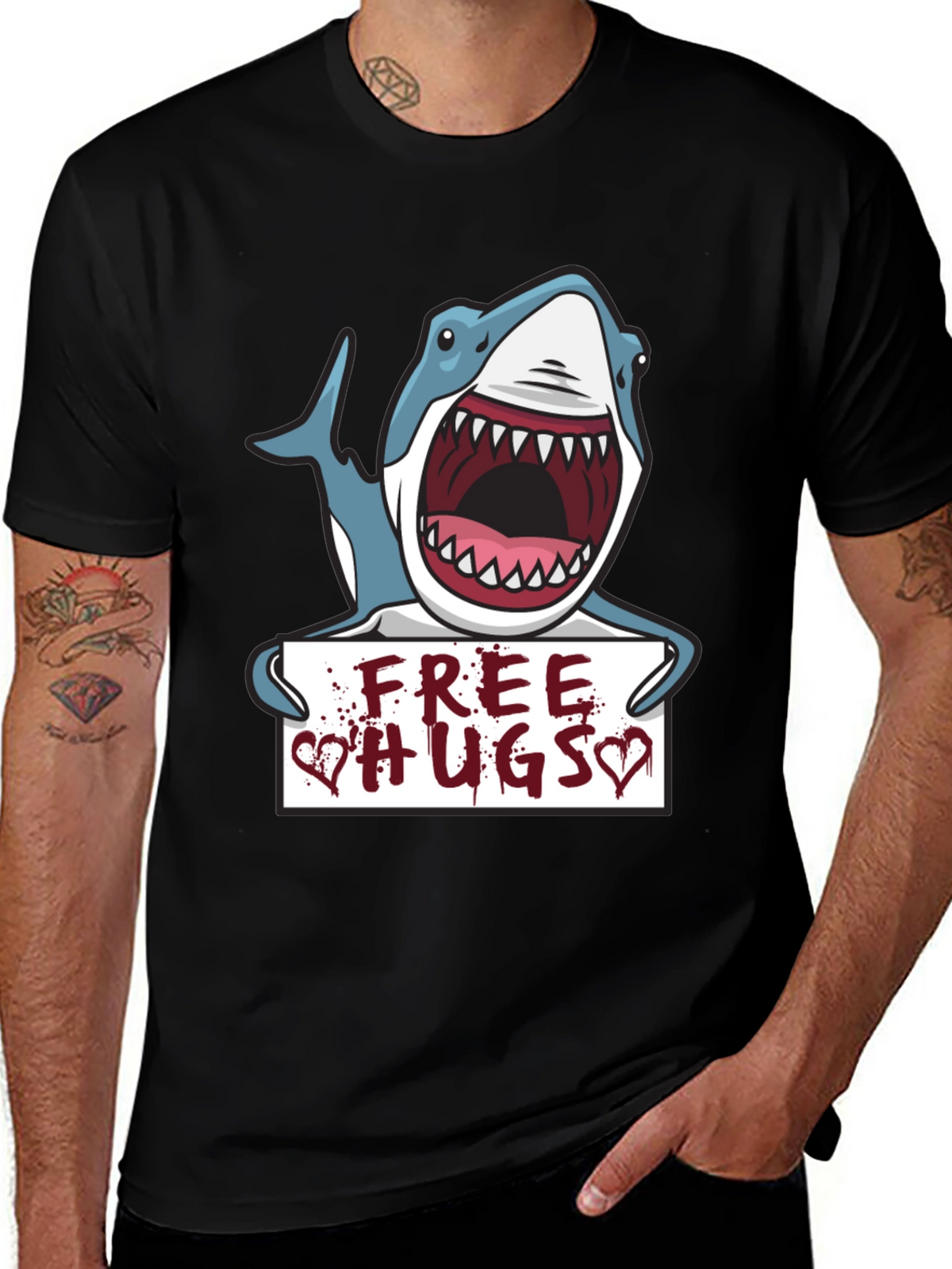 Free Hugs Shark Graphic Tee - Black