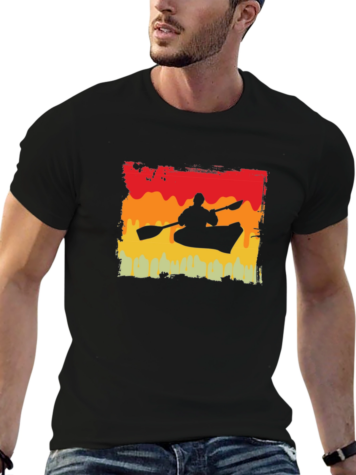 Kayak Silhouette T-Shirt - Retro Sunset Design
