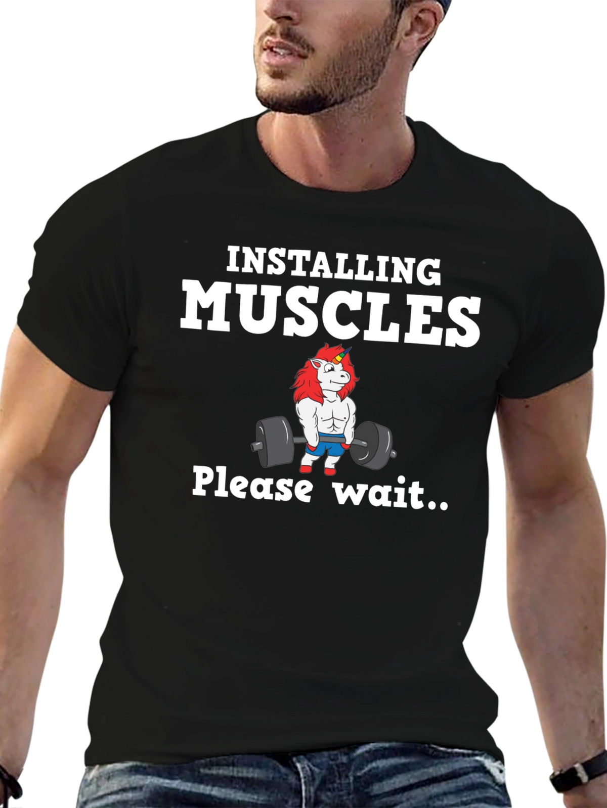 Installing Muscles Unicorn Black T-Shirt
