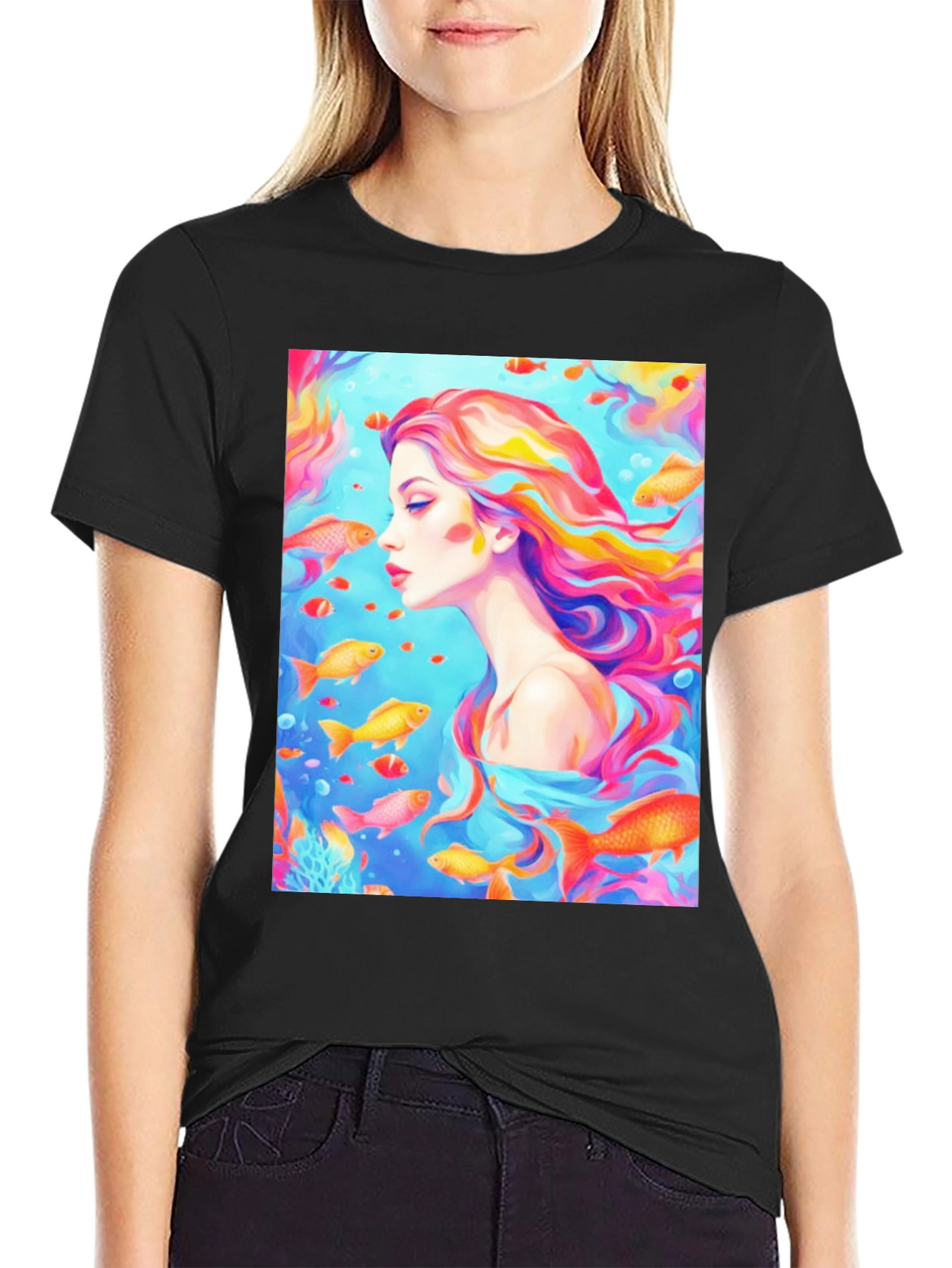 Artistic Woman and Fish Graphic T-Shirt