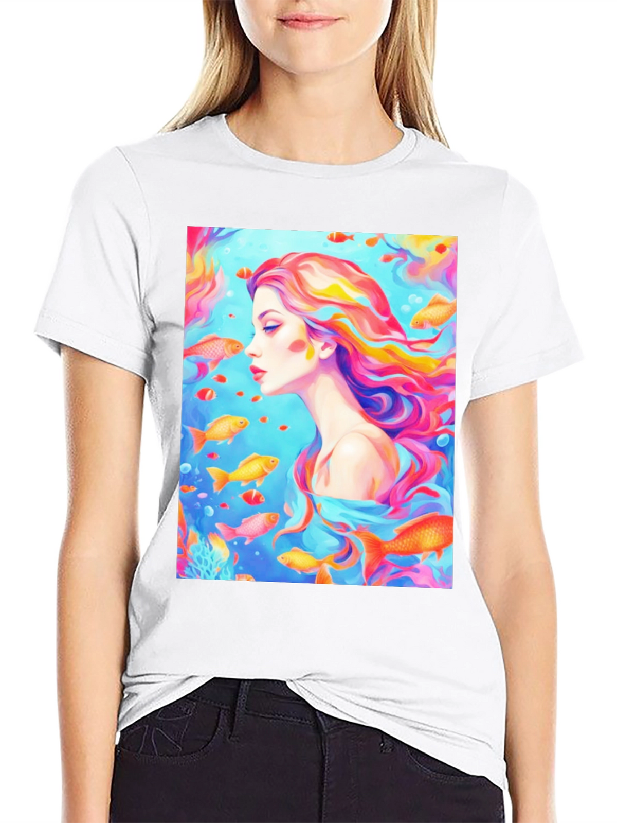 Artistic Woman and Fish Graphic T-Shirt