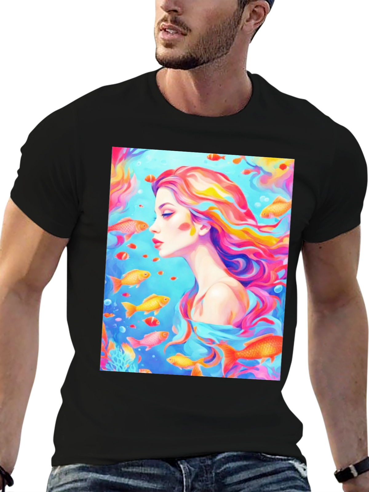 Artistic Woman and Fish Graphic T-Shirt