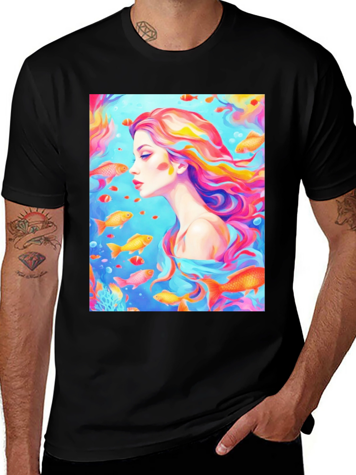 Artistic Woman and Fish Graphic T-Shirt