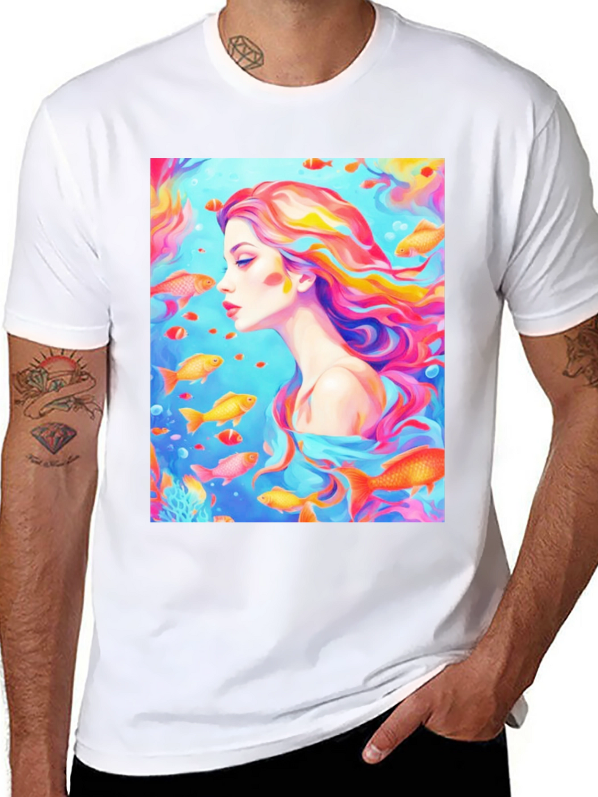 Artistic Woman and Fish Graphic T-Shirt