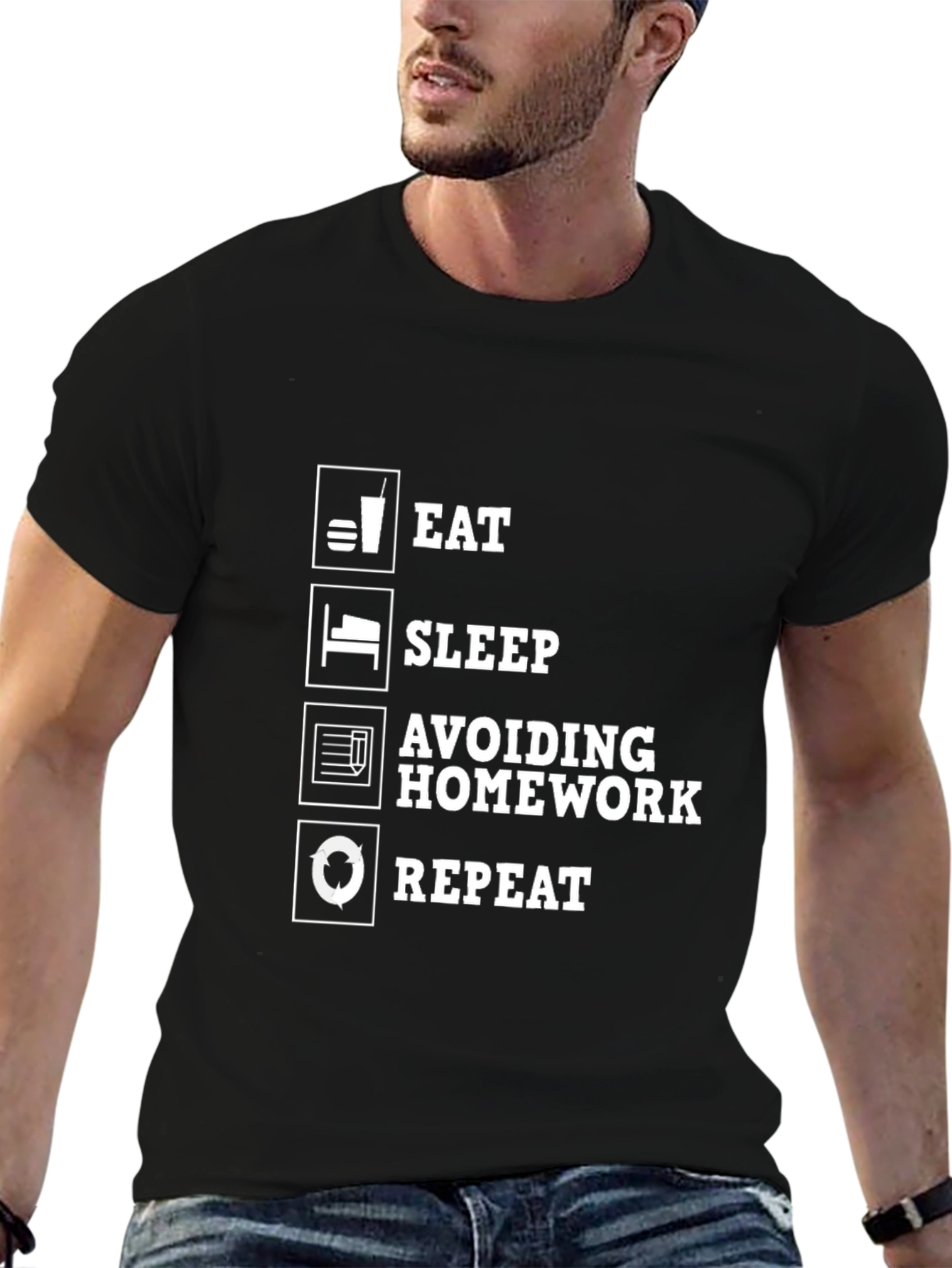 Eat Sleep Avoiding Homework Repeat Black Graphic Tee