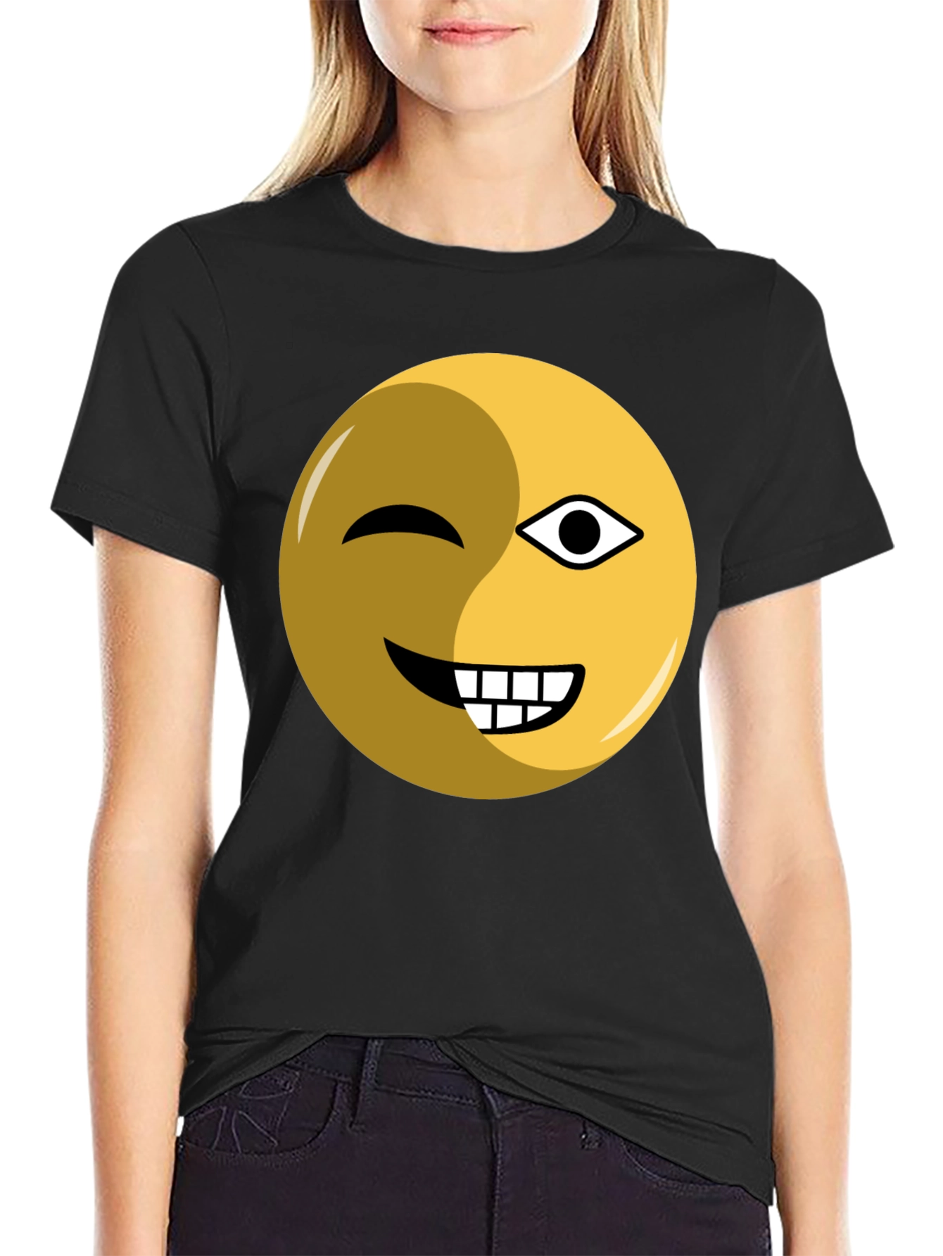 Winking Emoji Graphic Tee - Black Cotton Blend
