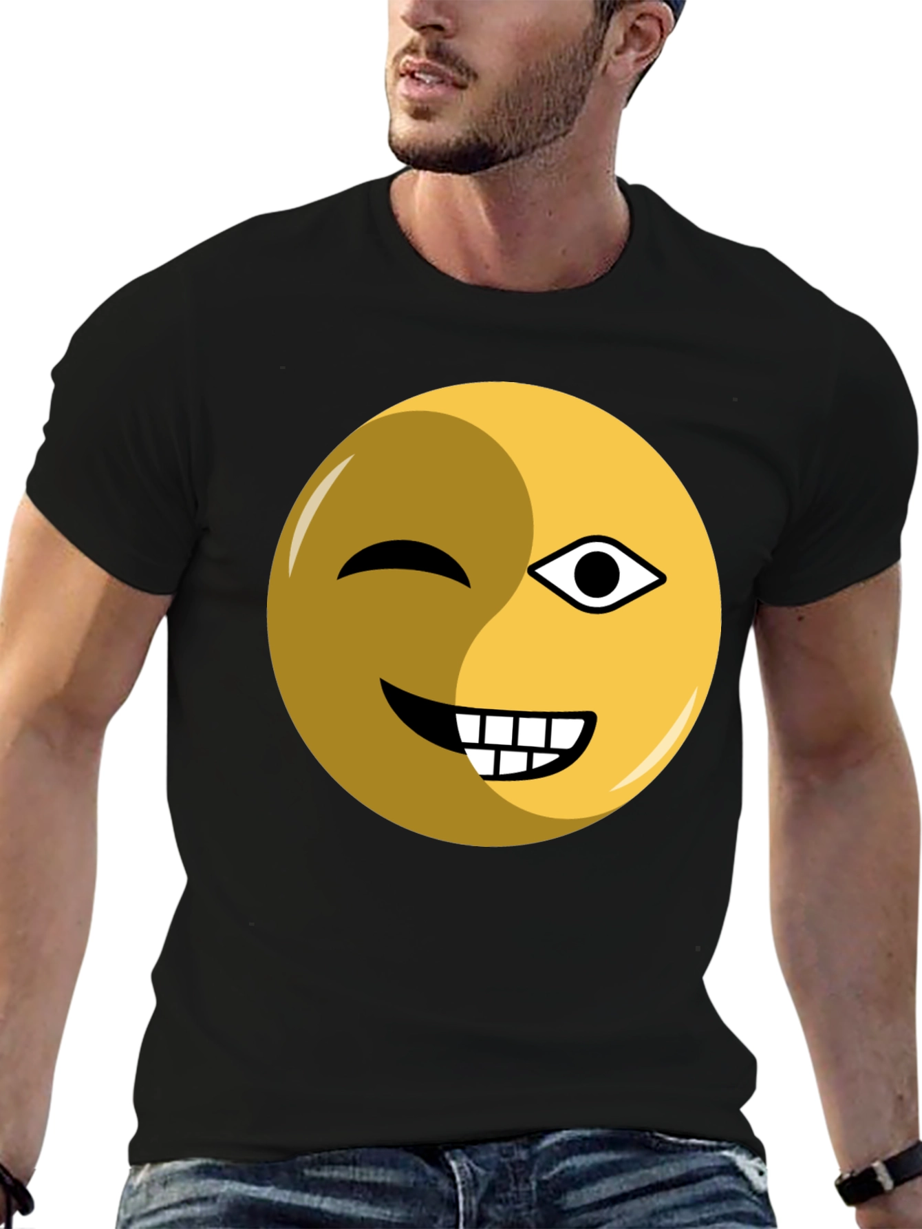 Winking Emoji Graphic Tee - Black Cotton Blend