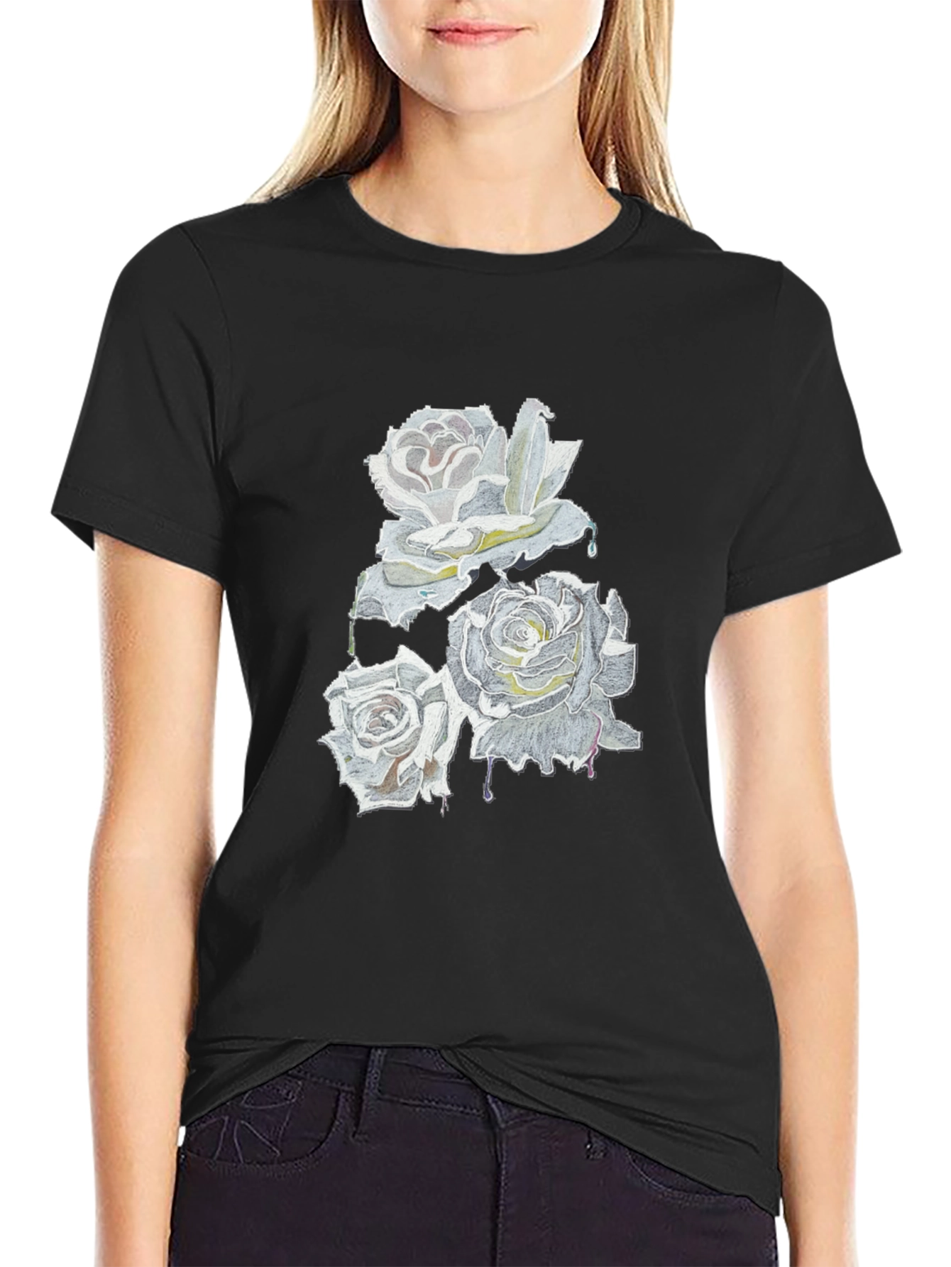 Roses Drip Graphic Black T-Shirt