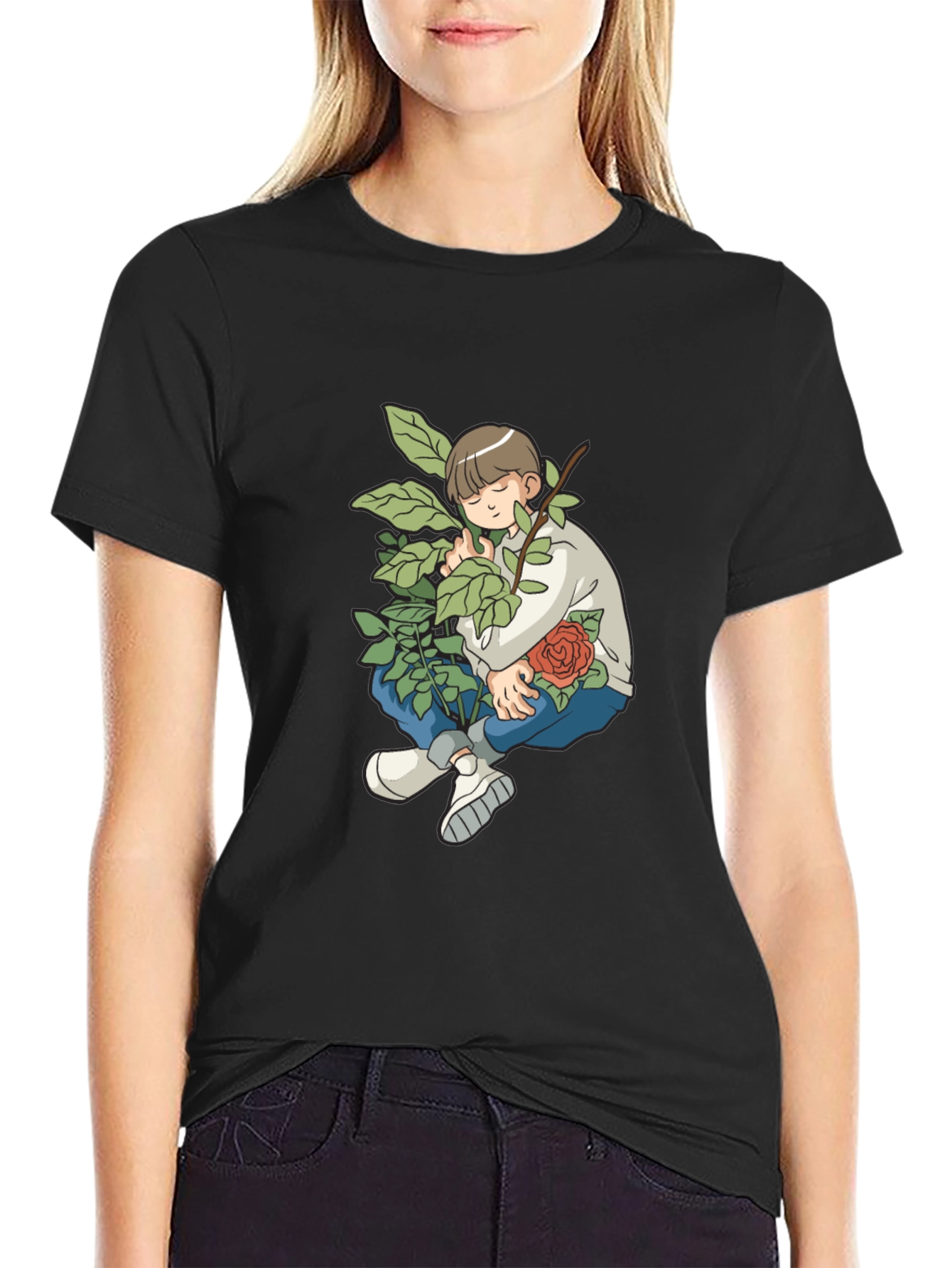 Boy With Rose Graphic Black T-Shirt