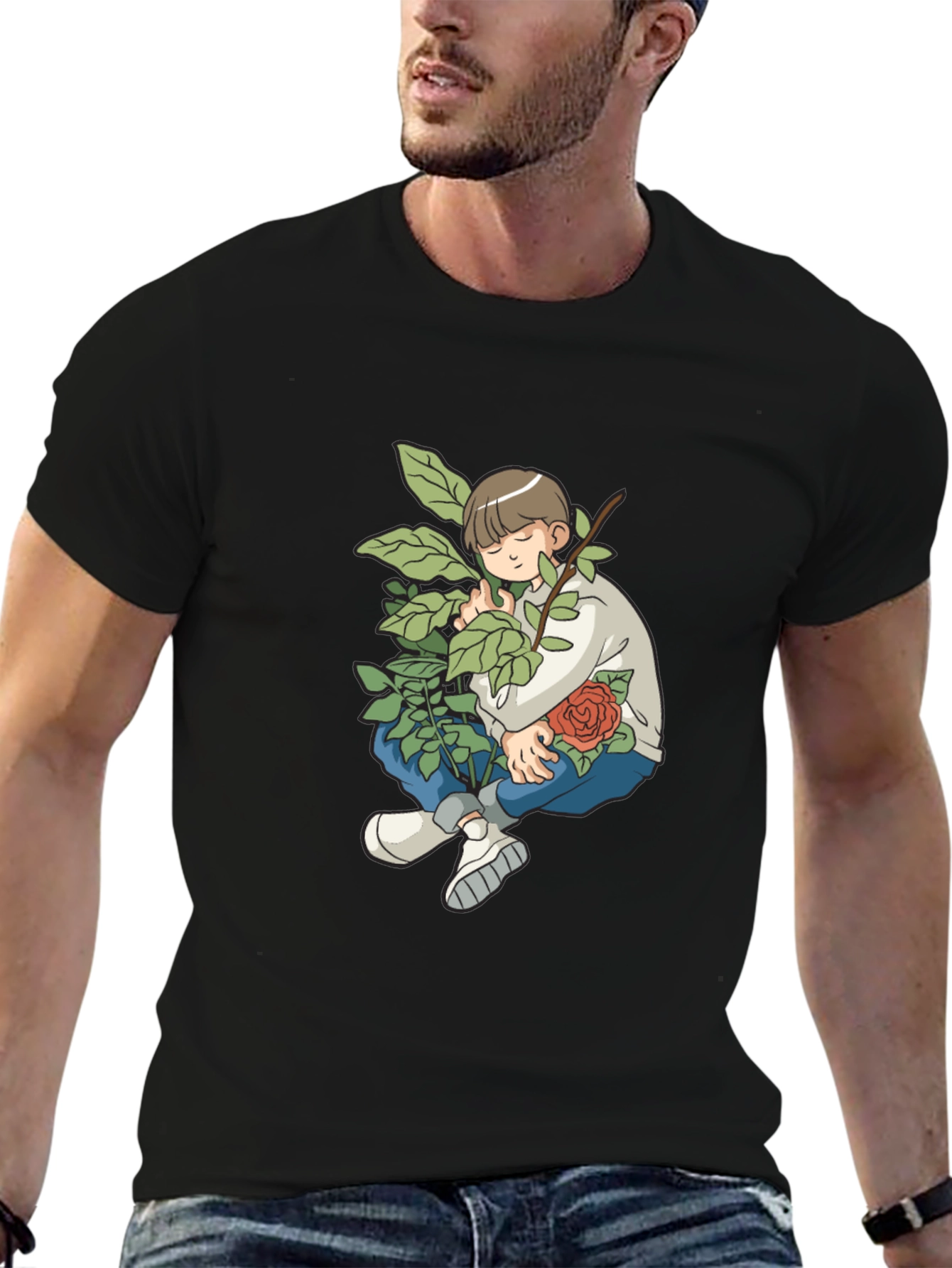 Boy With Rose Graphic Black T-Shirt