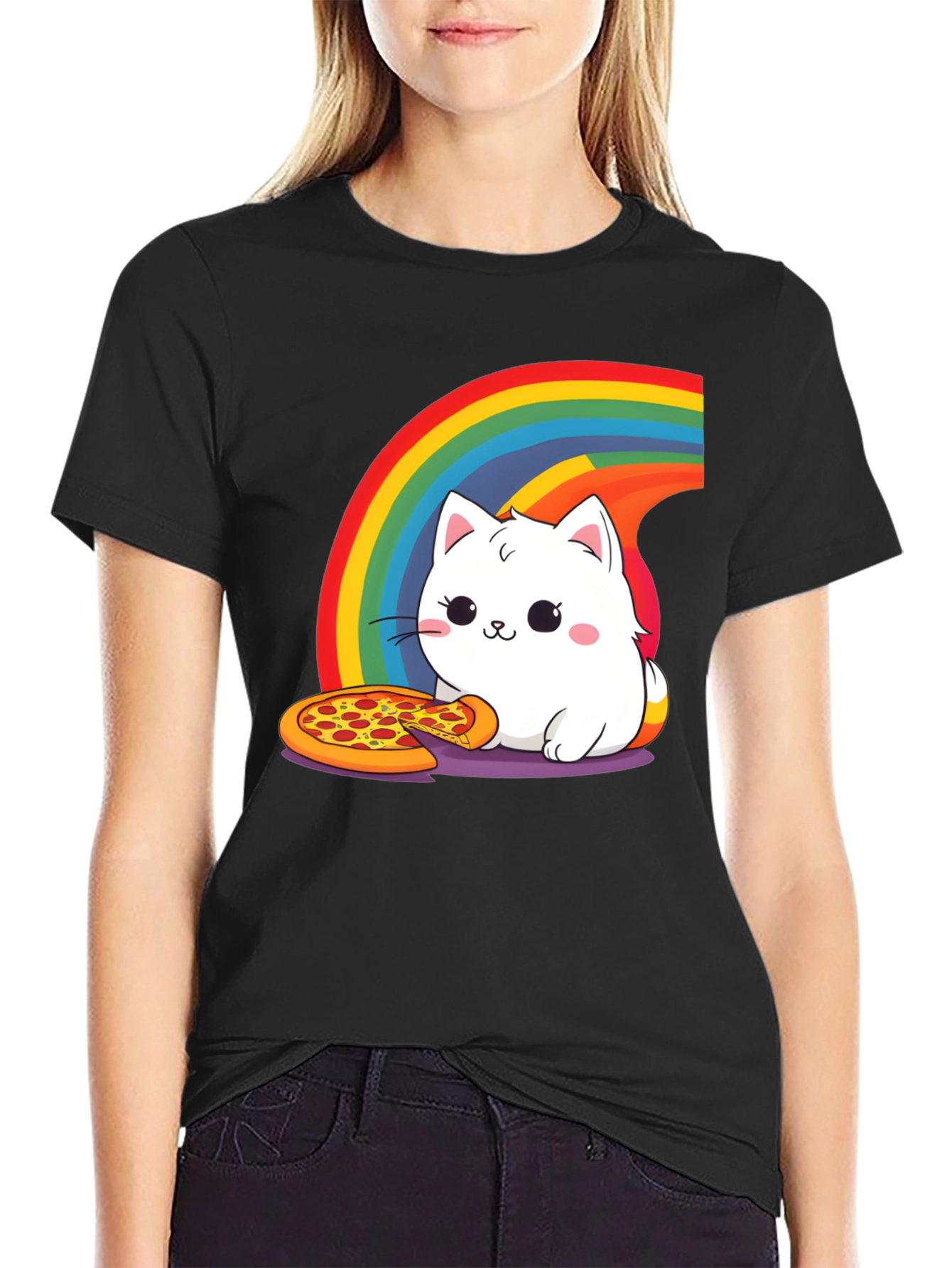 Cute Cat Pizza Rainbow Graphic Tee