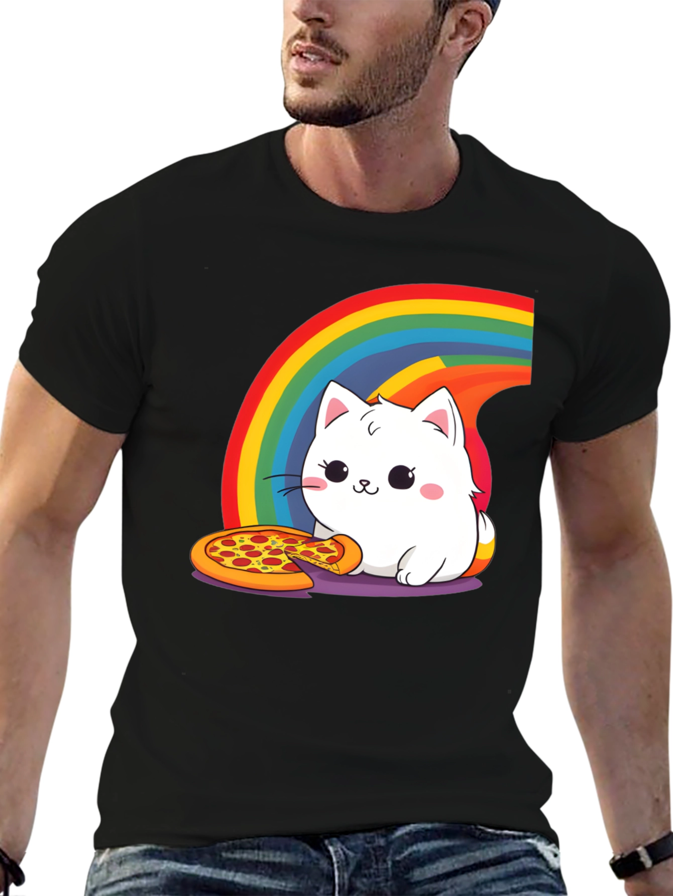 Cute Cat Pizza Rainbow Graphic Tee