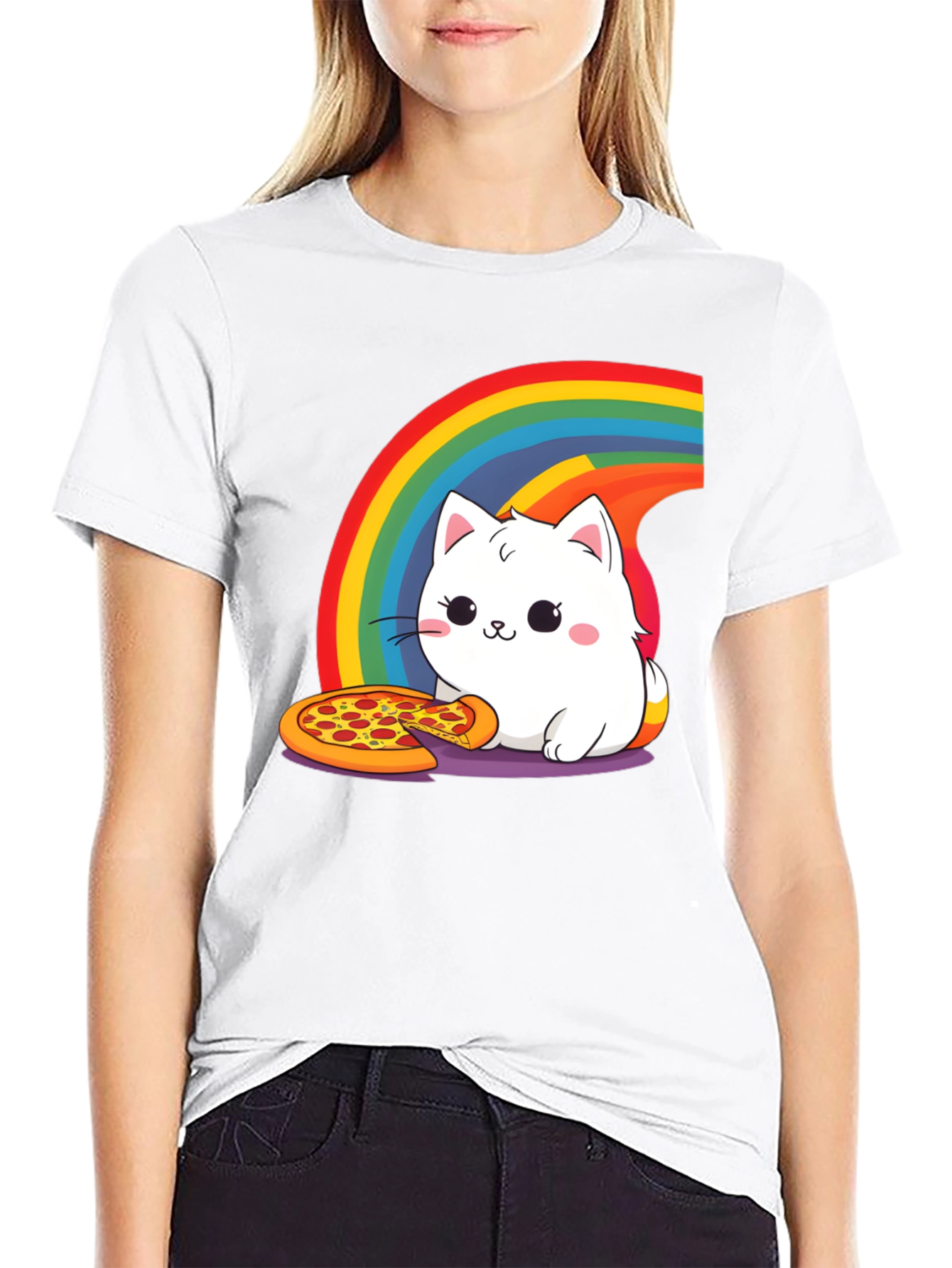 Cute Cat Pizza Rainbow Graphic Tee