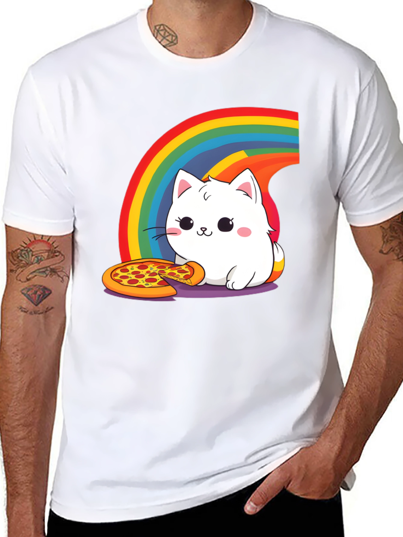 Cute Cat Pizza Rainbow Graphic Tee