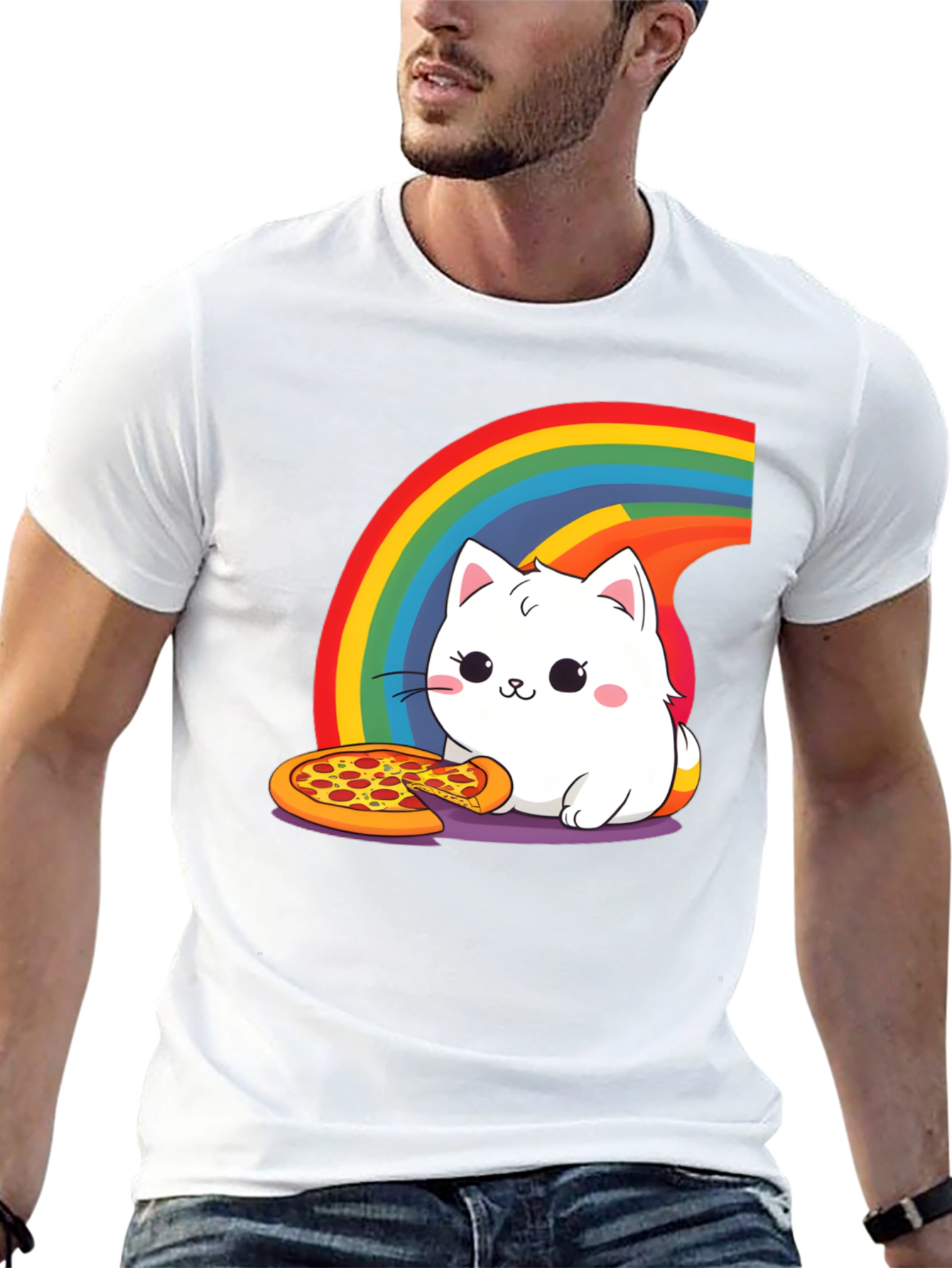 Cute Cat Pizza Rainbow Graphic Tee