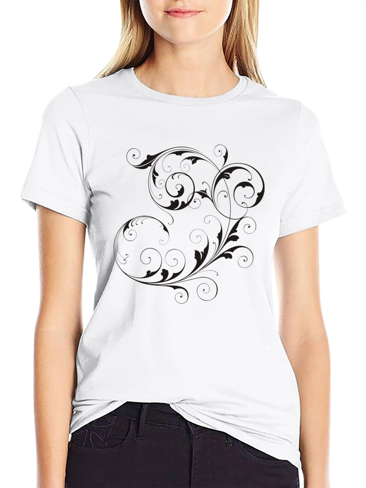Mens Black T-Shirt with Floral Scroll Design