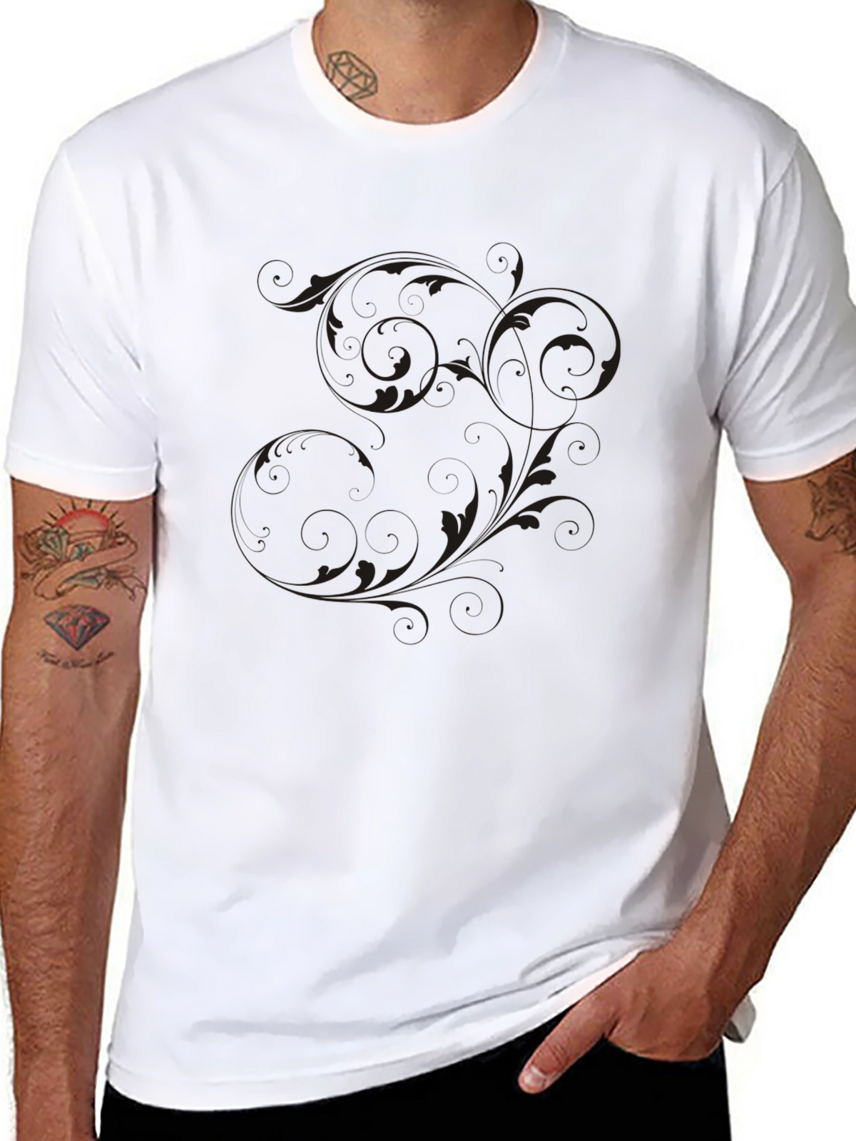 Mens Black T-Shirt with Floral Scroll Design