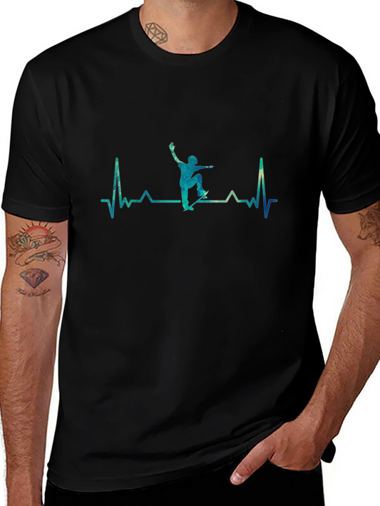Skateboard Heartbeat Graphic Tee - Black Cotton Casual T-Shirt