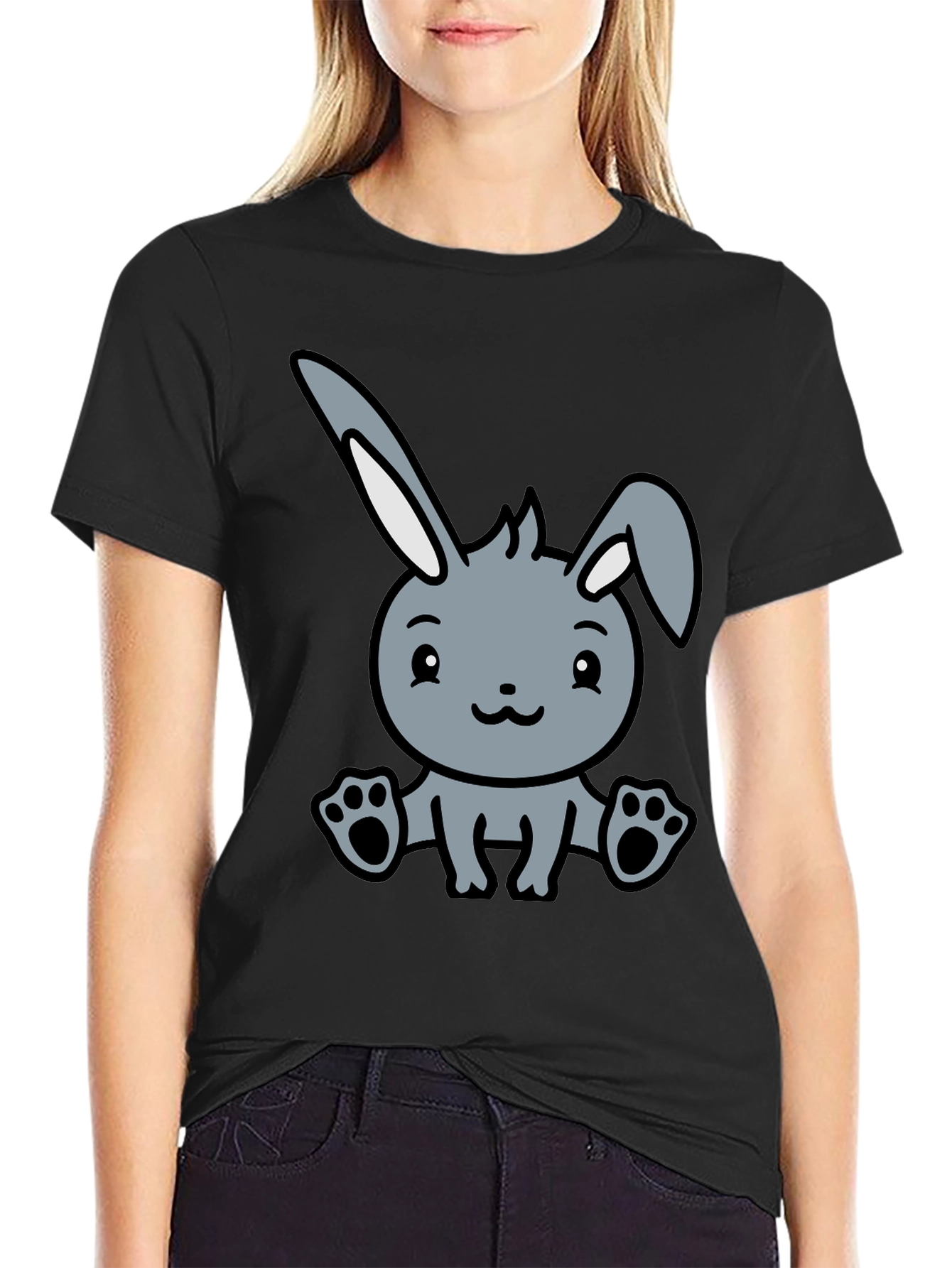 Cute Cartoon Bunny Graphic Black T-Shirt