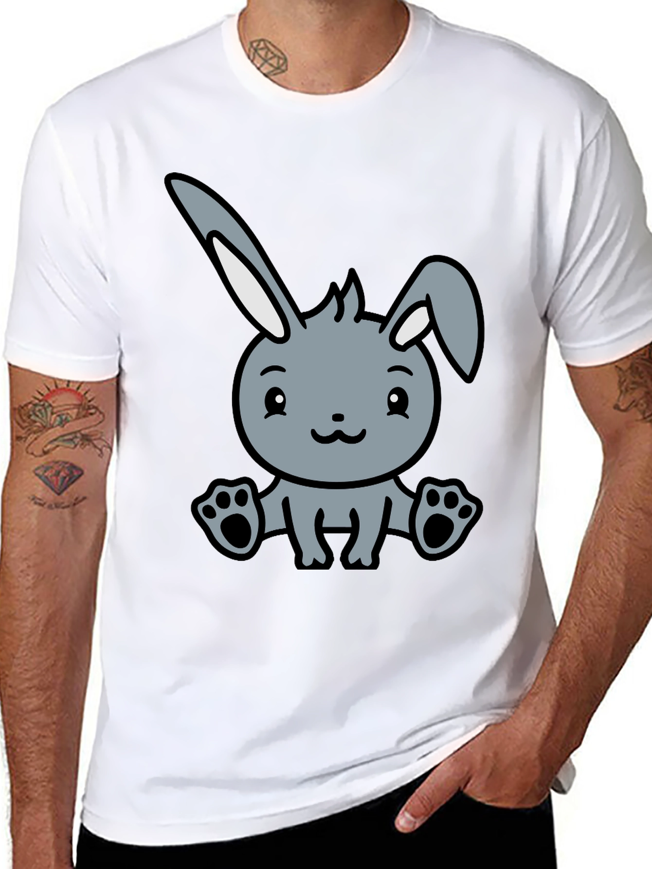 Cute Cartoon Bunny Graphic Black T-Shirt