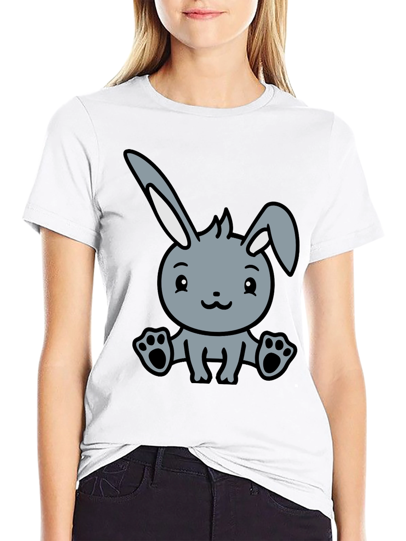 Cute Cartoon Bunny Graphic Black T-Shirt