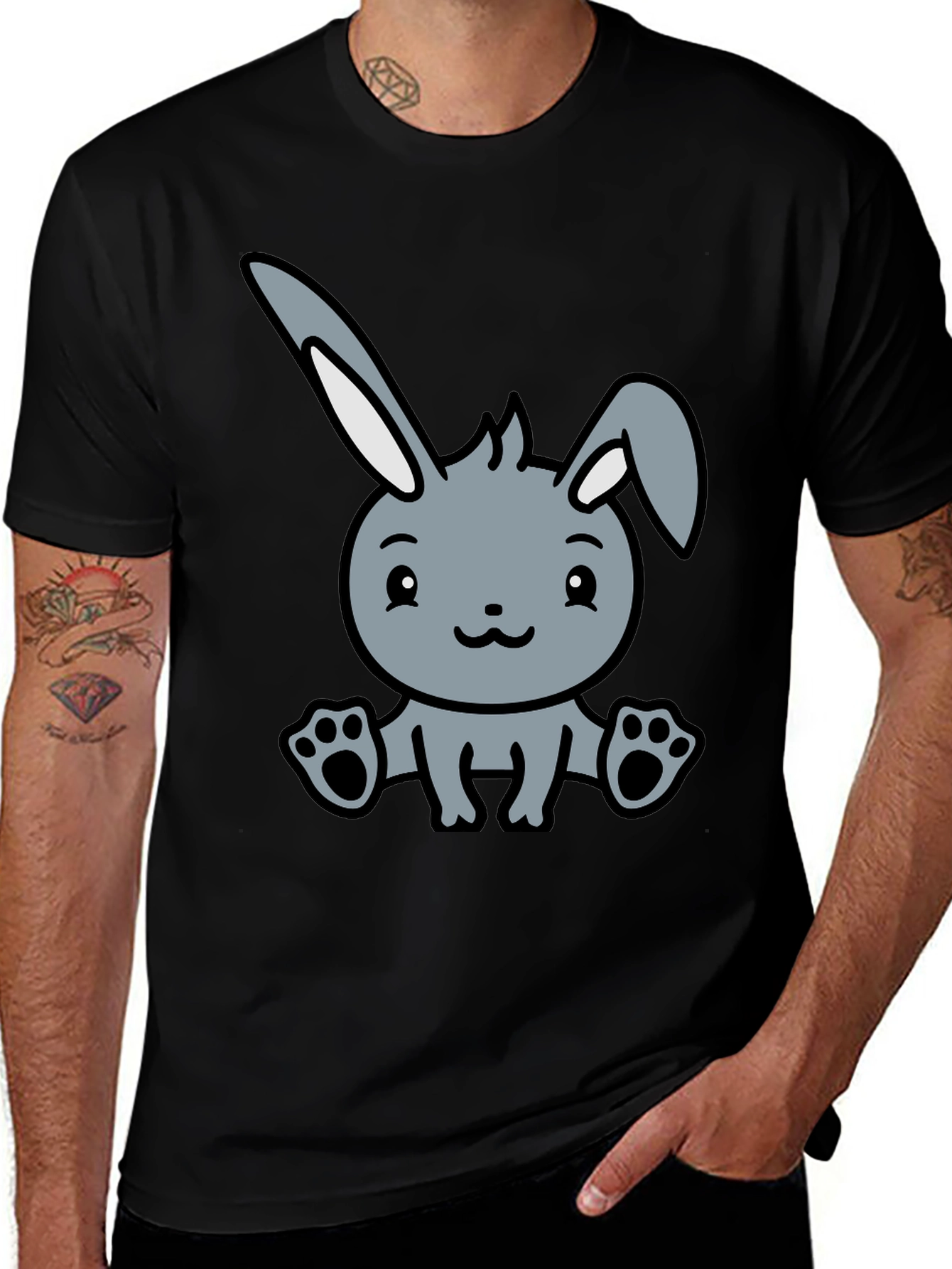 Cute Cartoon Bunny Graphic Black T-Shirt