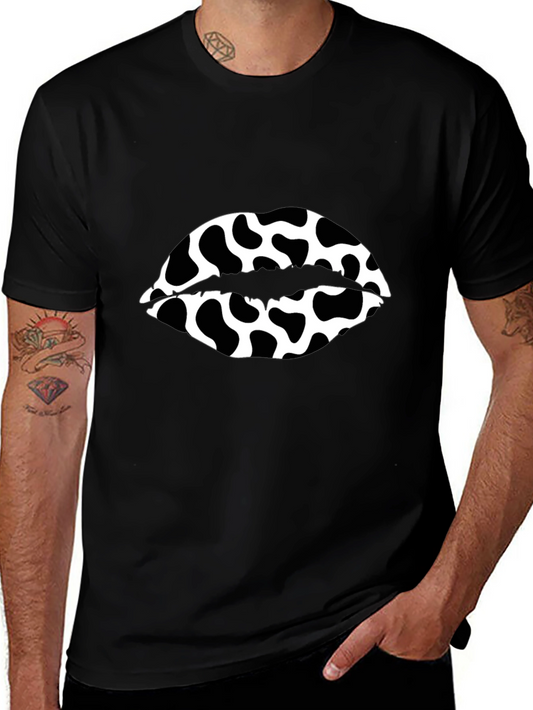 Cow Print Lips Graphic Black T-Shirt