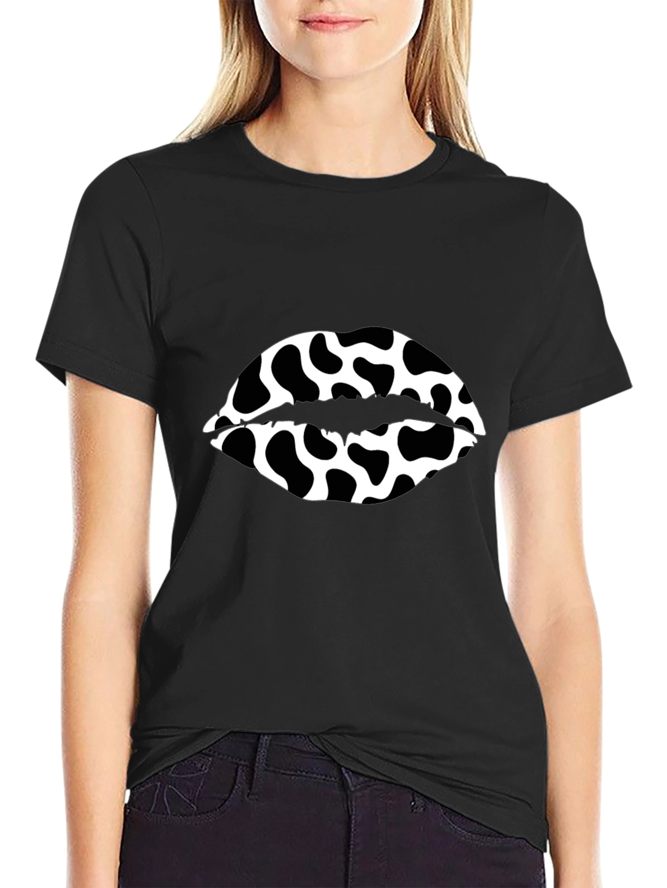 Cow Print Lips Graphic Black T-Shirt