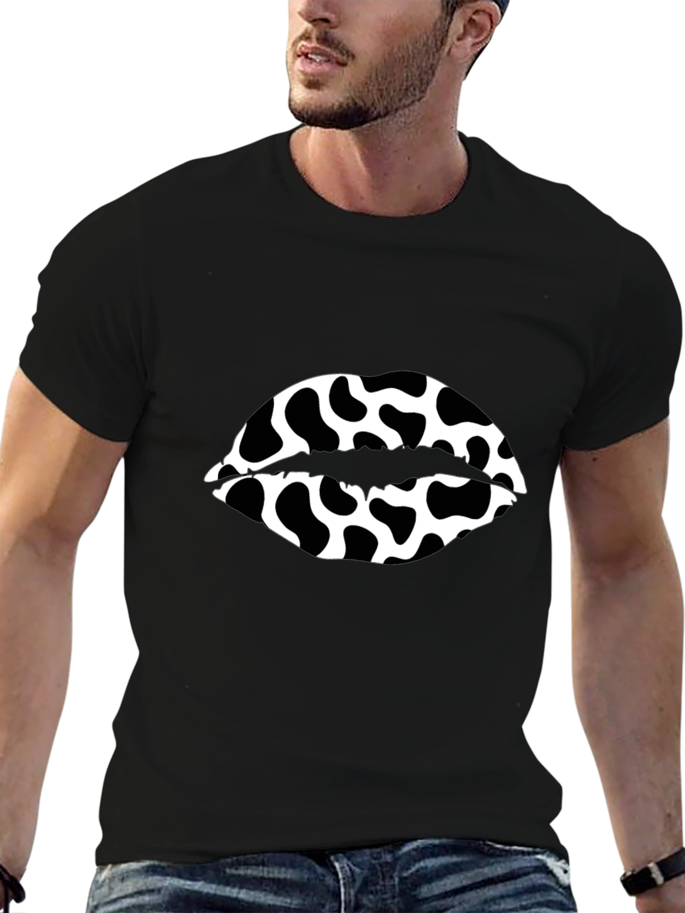 Cow Print Lips Graphic Black T-Shirt
