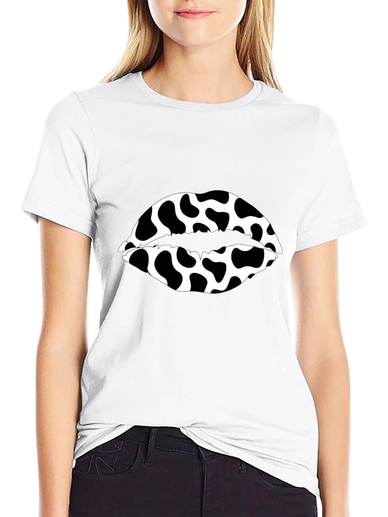Cow Print Lips Graphic Black T-Shirt