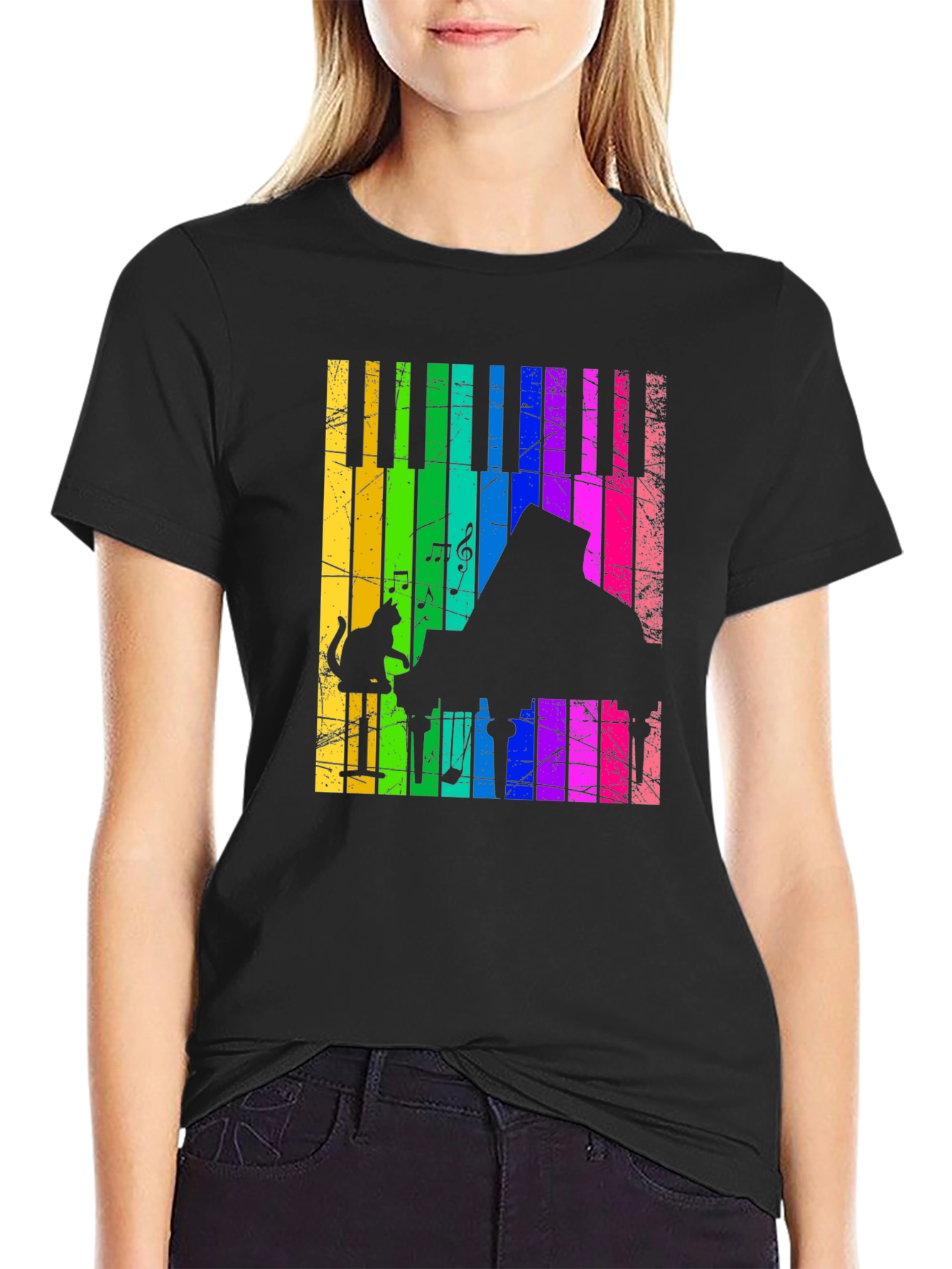 Rainbow Piano Cat T-Shirt - Musical Style