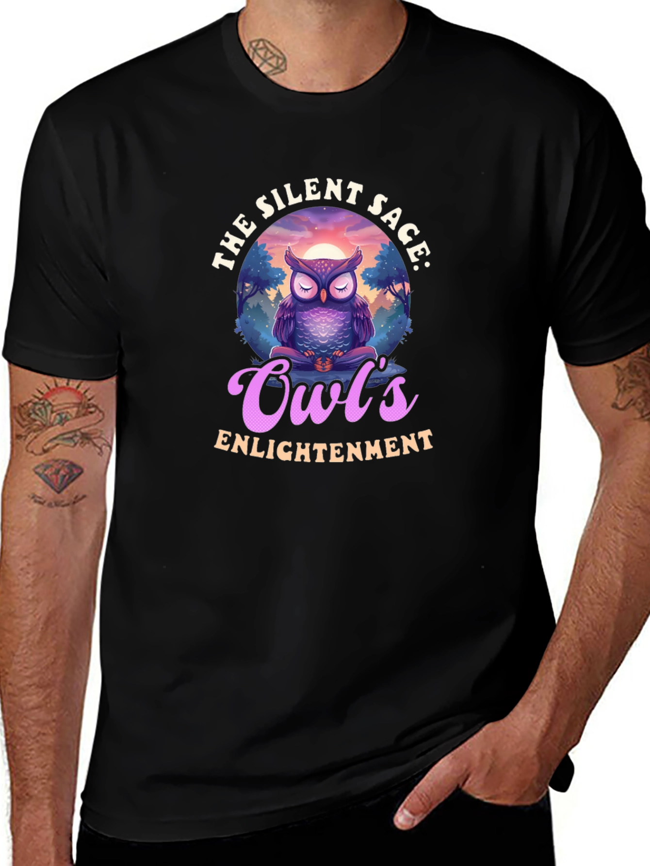 Silent Sage Owls Enlightenment Black T-Shirt