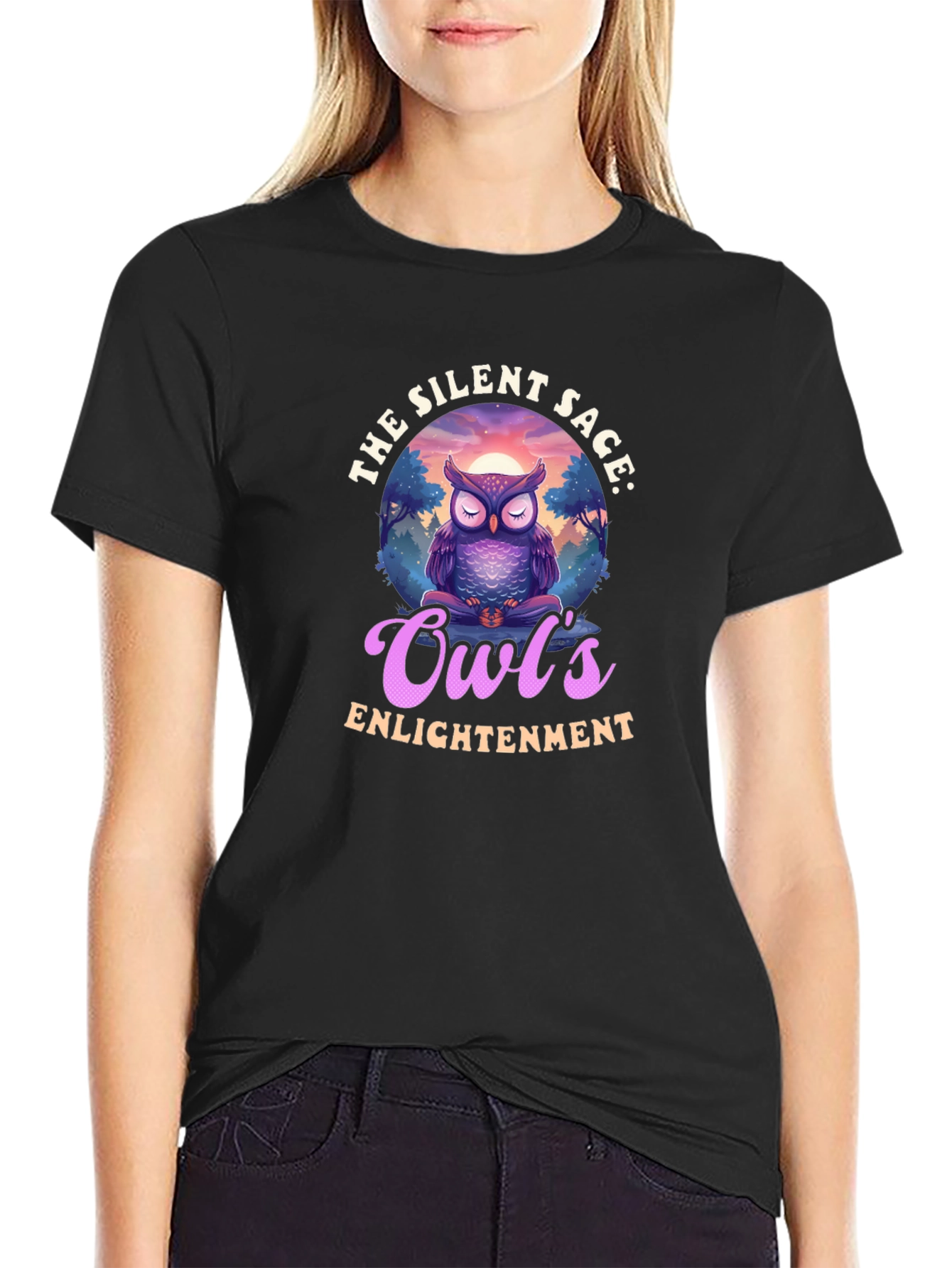 Silent Sage Owls Enlightenment Black T-Shirt