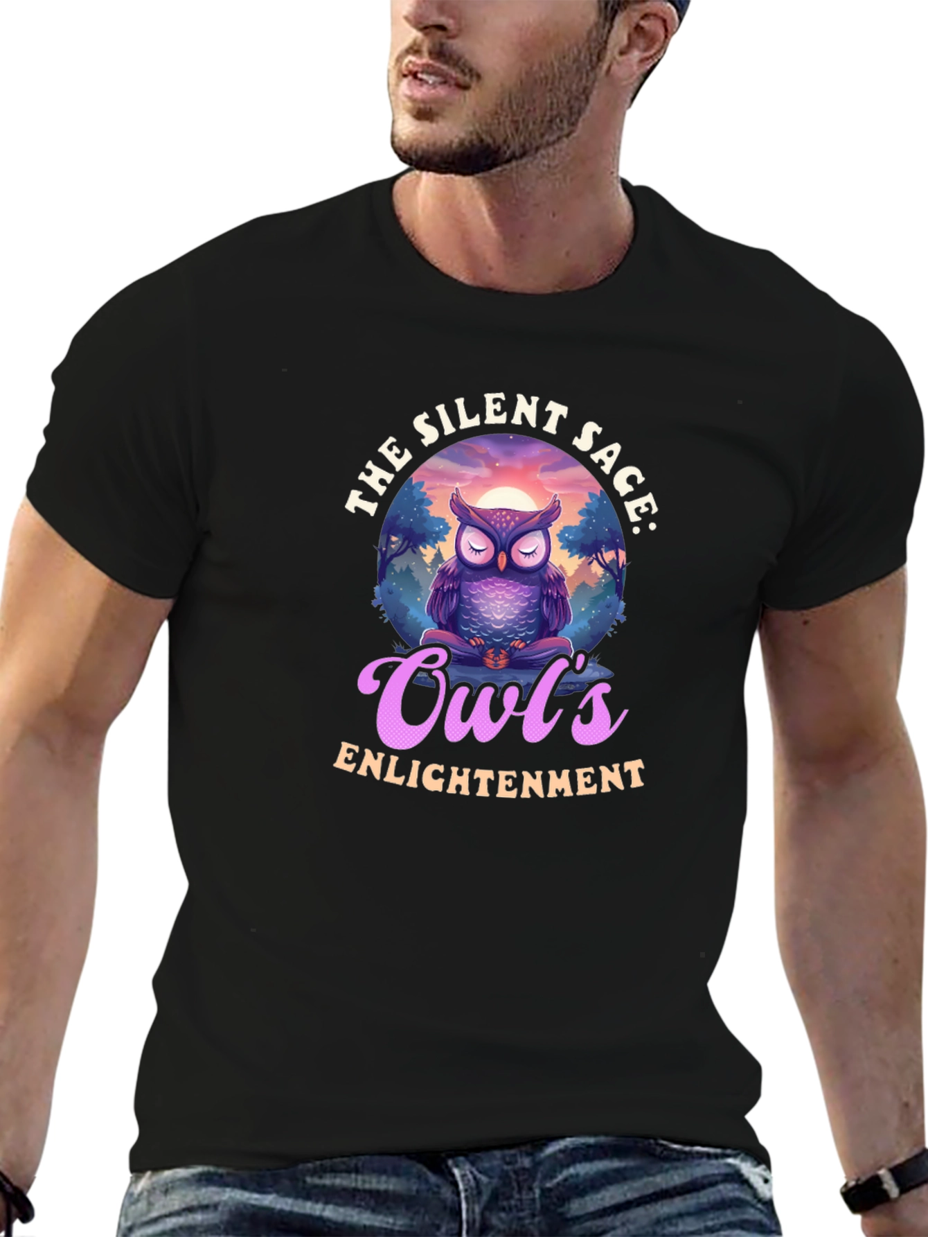 Silent Sage Owls Enlightenment Black T-Shirt