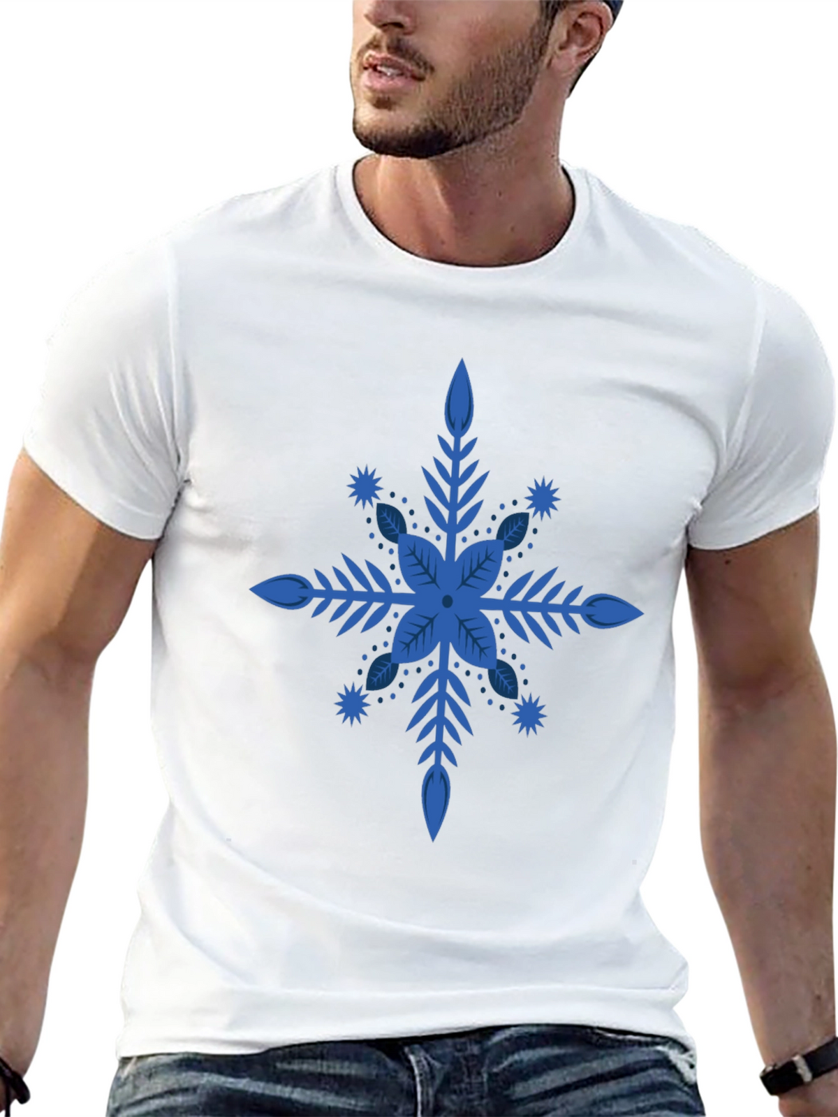 Blue Snowflake Graphic Black T-Shirt