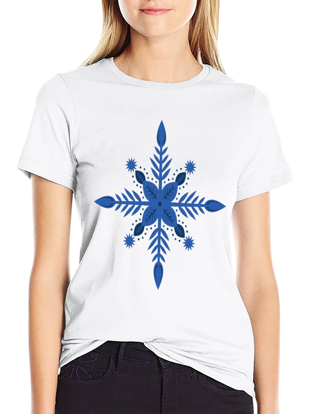 Blue Snowflake Graphic Black T-Shirt